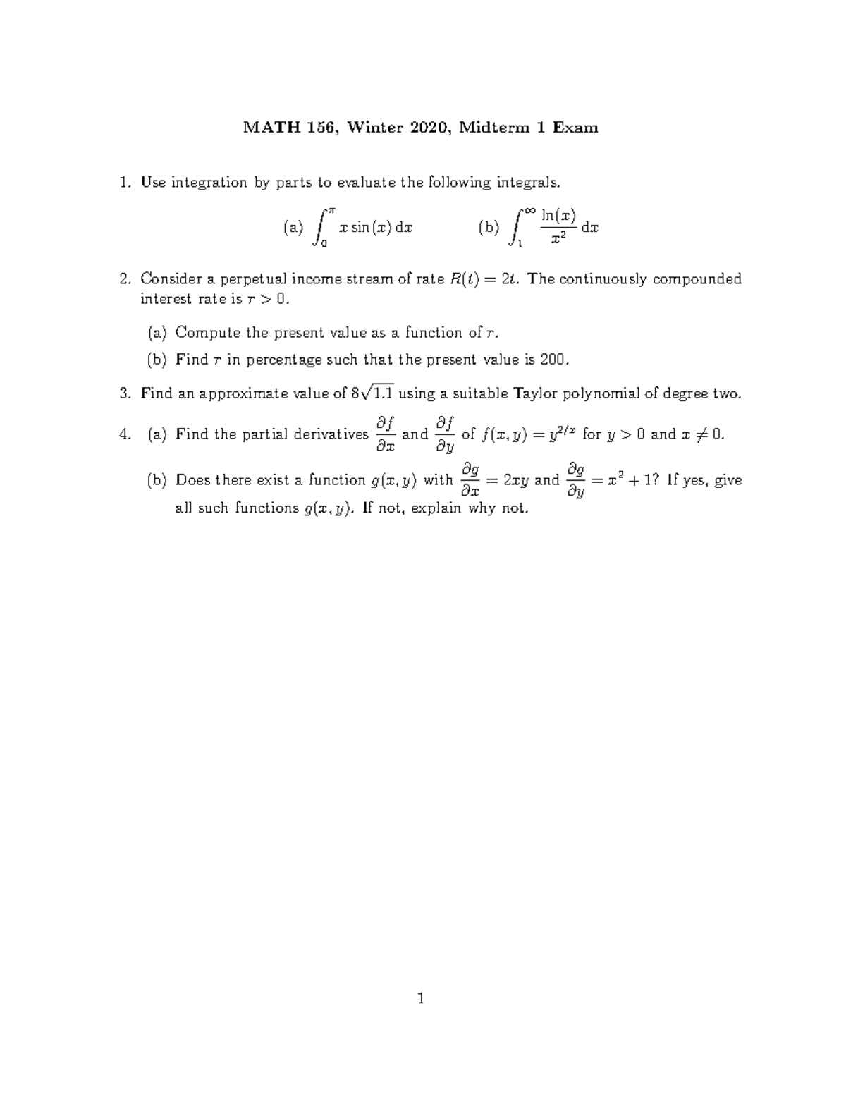 Midterm 1 Exam - Very helpful - MATH 156, Winter 2020, Midterm 1 Exam ...