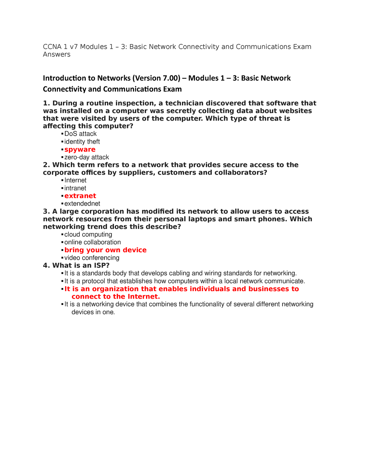 CCNA 1 v7 Modules 1 – 3 Basic Network Connectivity and Communications Exam Answers - CCNA 1 v7 - Studocu