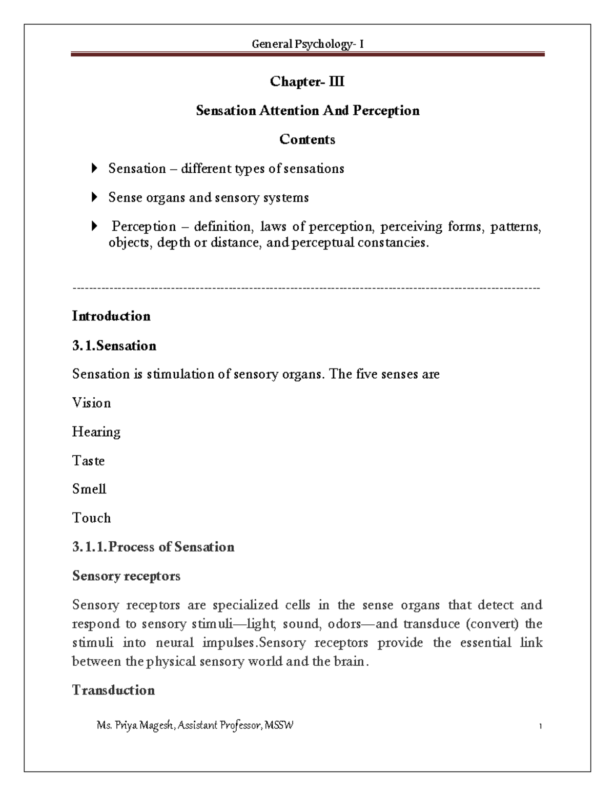 GP Chap 3 Notes - Chapter- III Sensation Attention And Perception ...