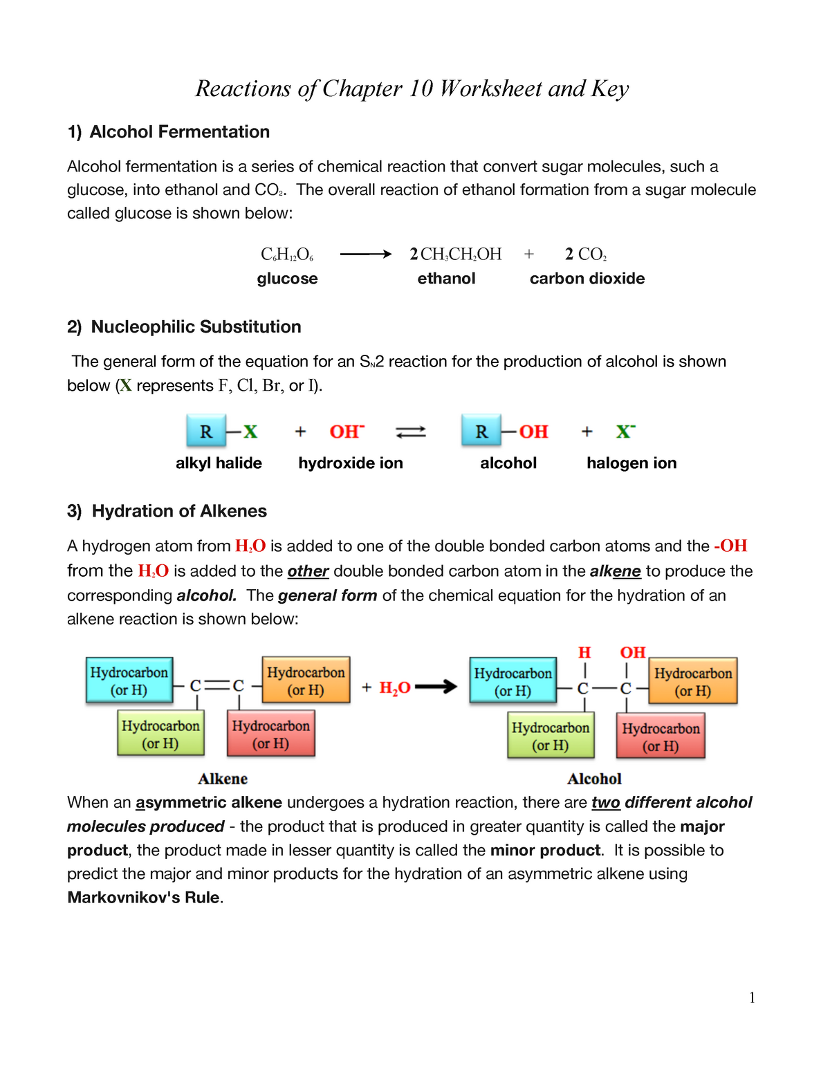 Organic B Reactions Worksheet And Key - Reactions Of Chapter 10 ...