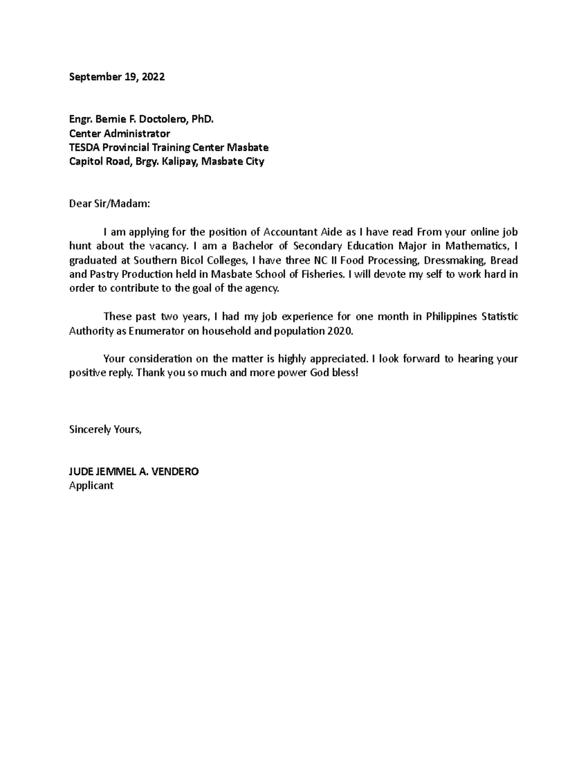 Application letter 1 - BSED mojor mathematics - September 19, 2022 Engr ...