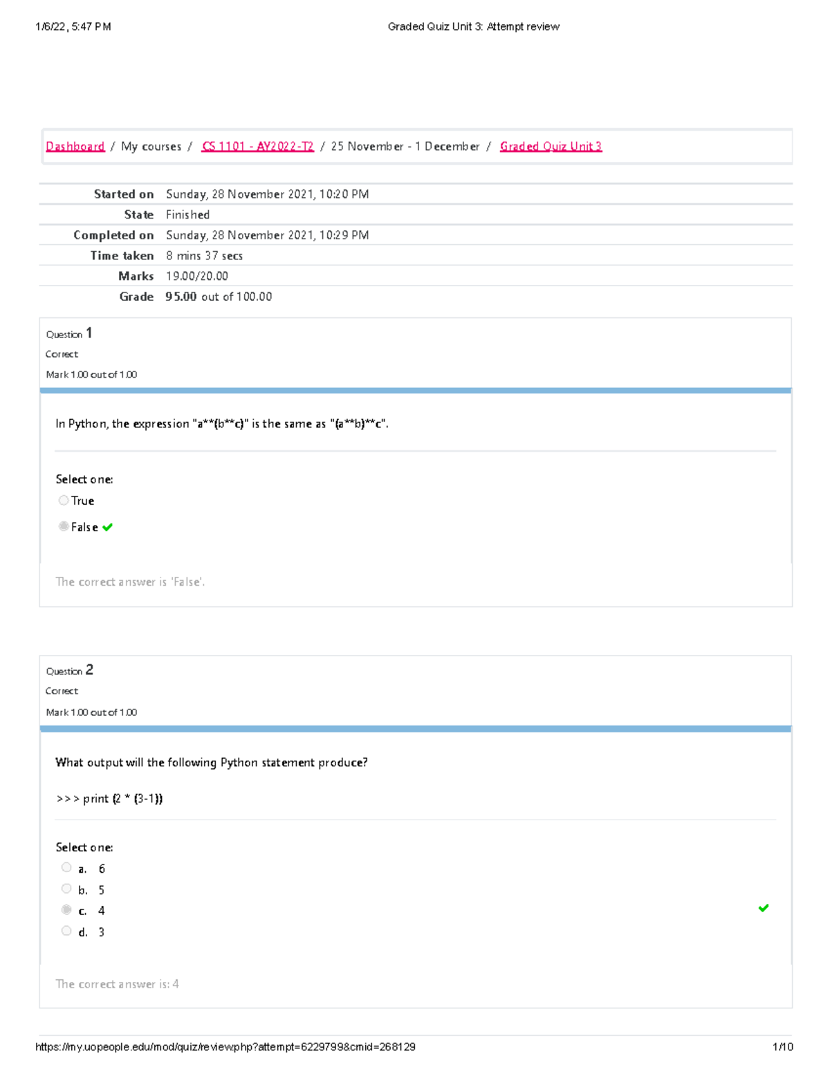 CS 1101 Graded Quiz Unit 3 Attempt Review - Started On Sunday, 28 ...