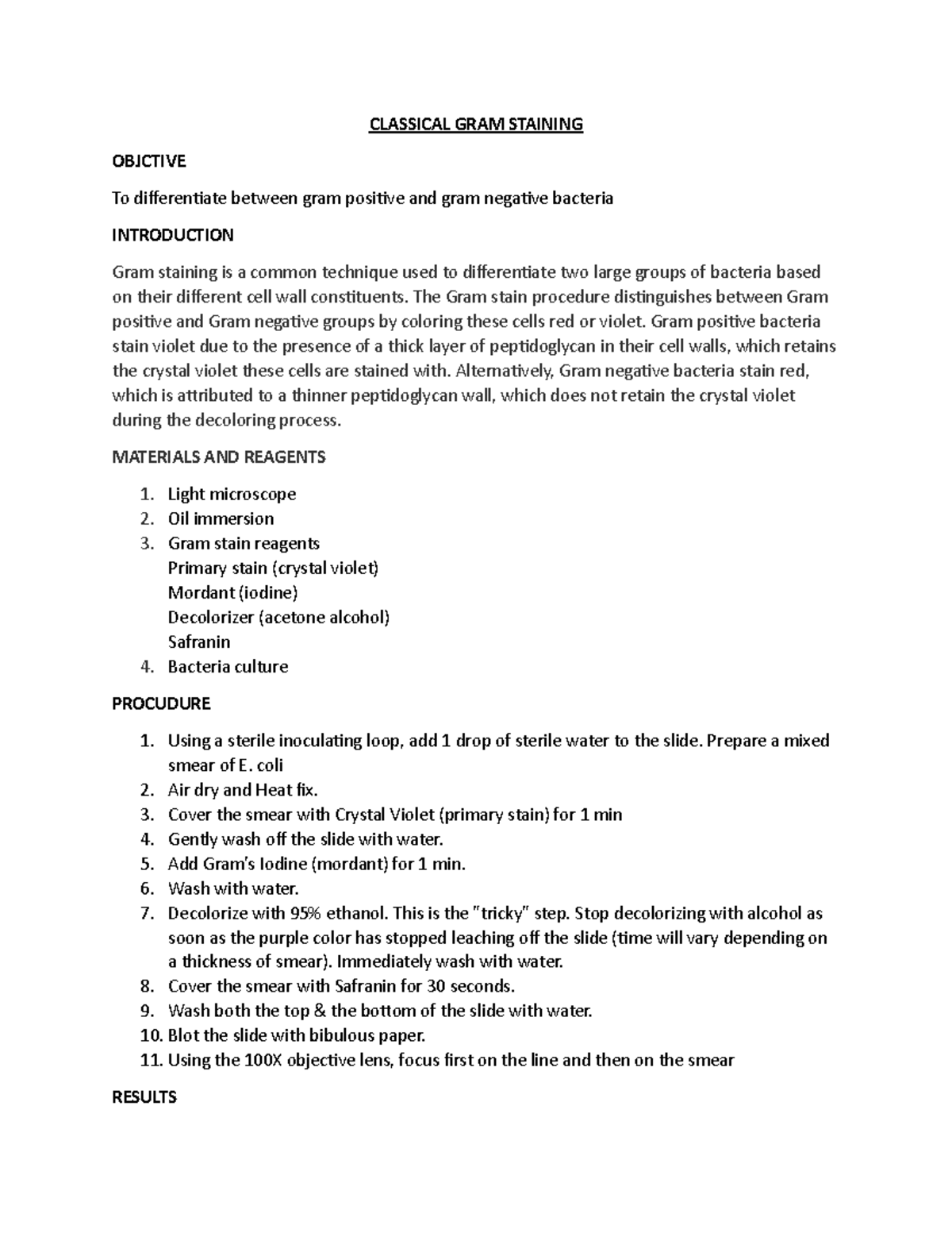 Classical GRAM Staining - CLASSICAL GRAM STAINING OBJCTIVE To ...