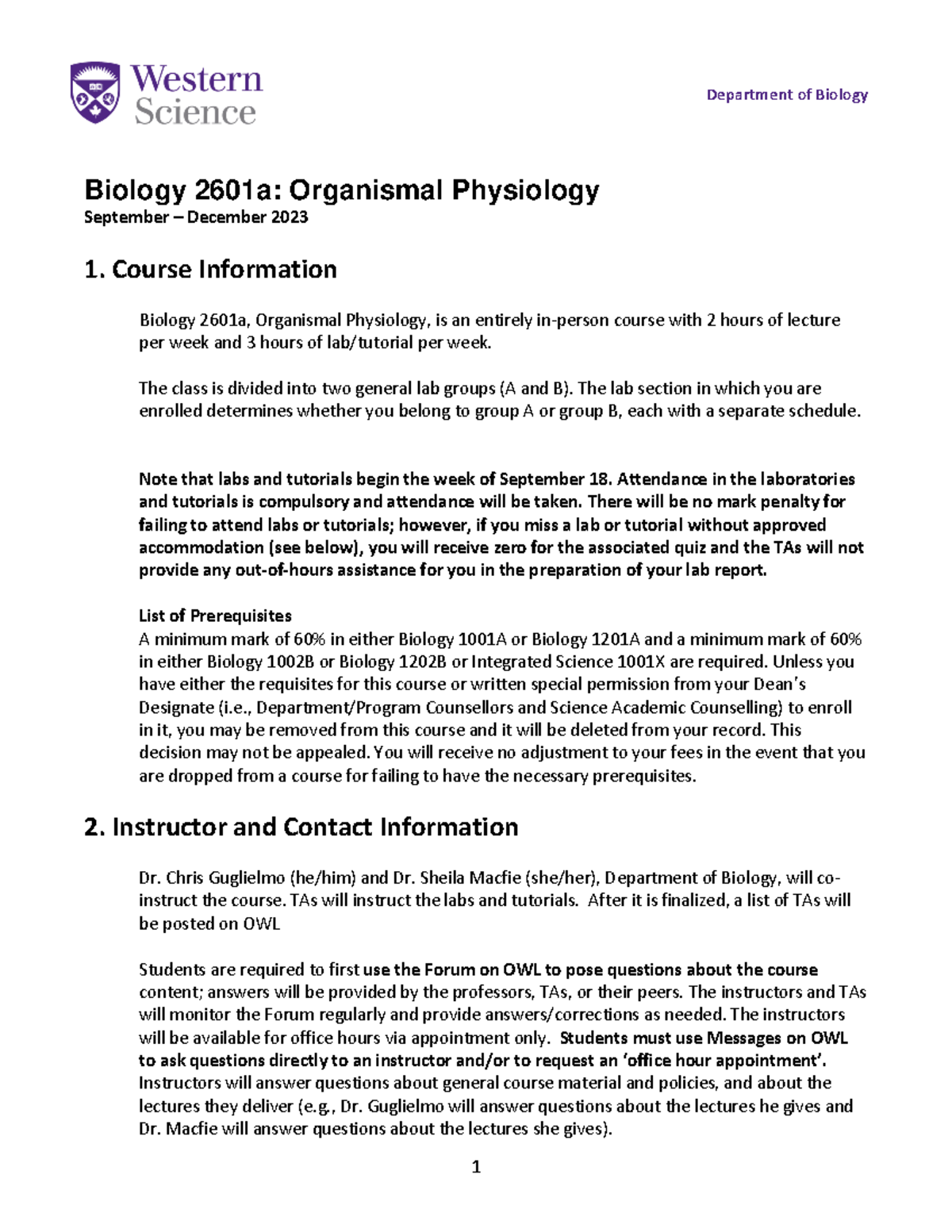 B2601A Course Outline 2023 24 - Department Of Biology Biology 260 1a ...