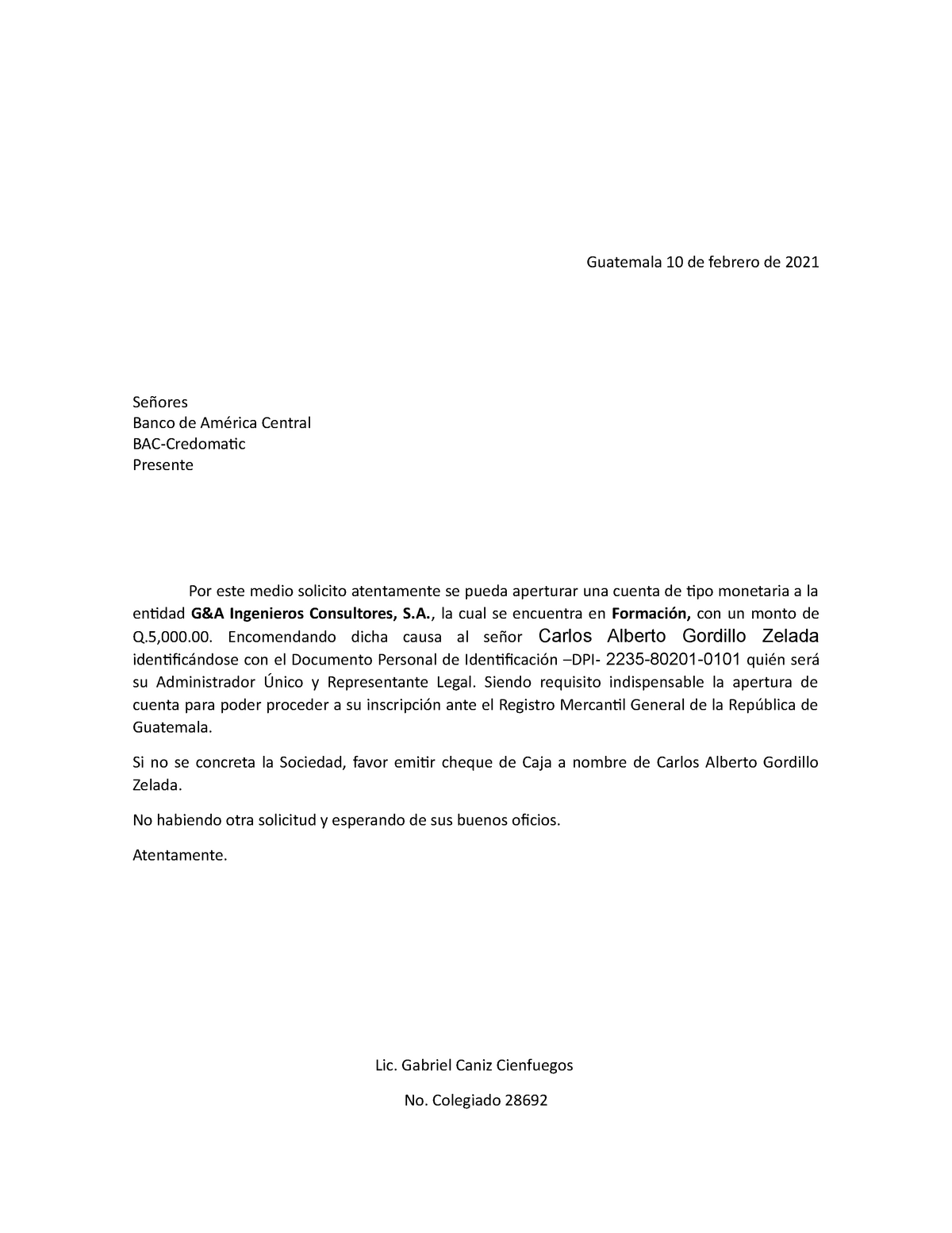 Carta Banco Apertura Cuenta Guatemala 10 De Febrero De 2021 Señores Banco De América Central 8399