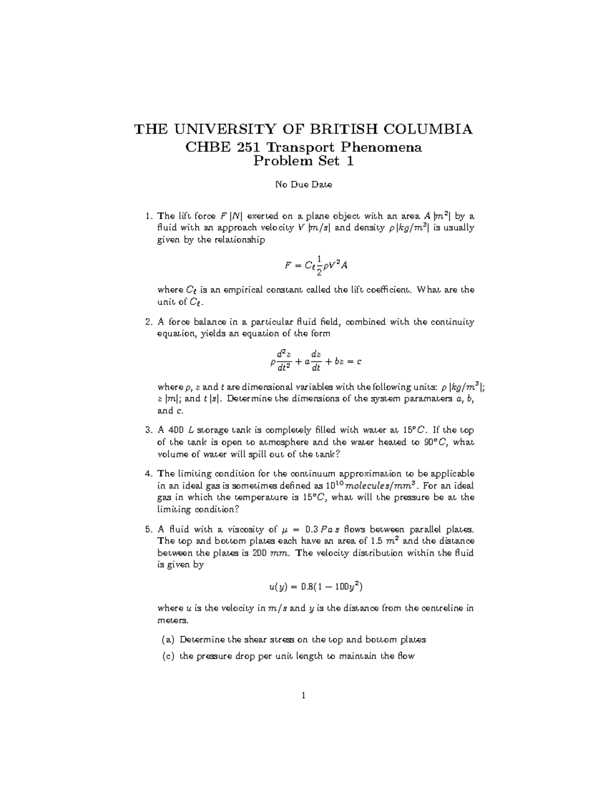 Chbe 251 Problem Set 17 - 2020w - CHBE 251 Transport Phenomena Problem ...