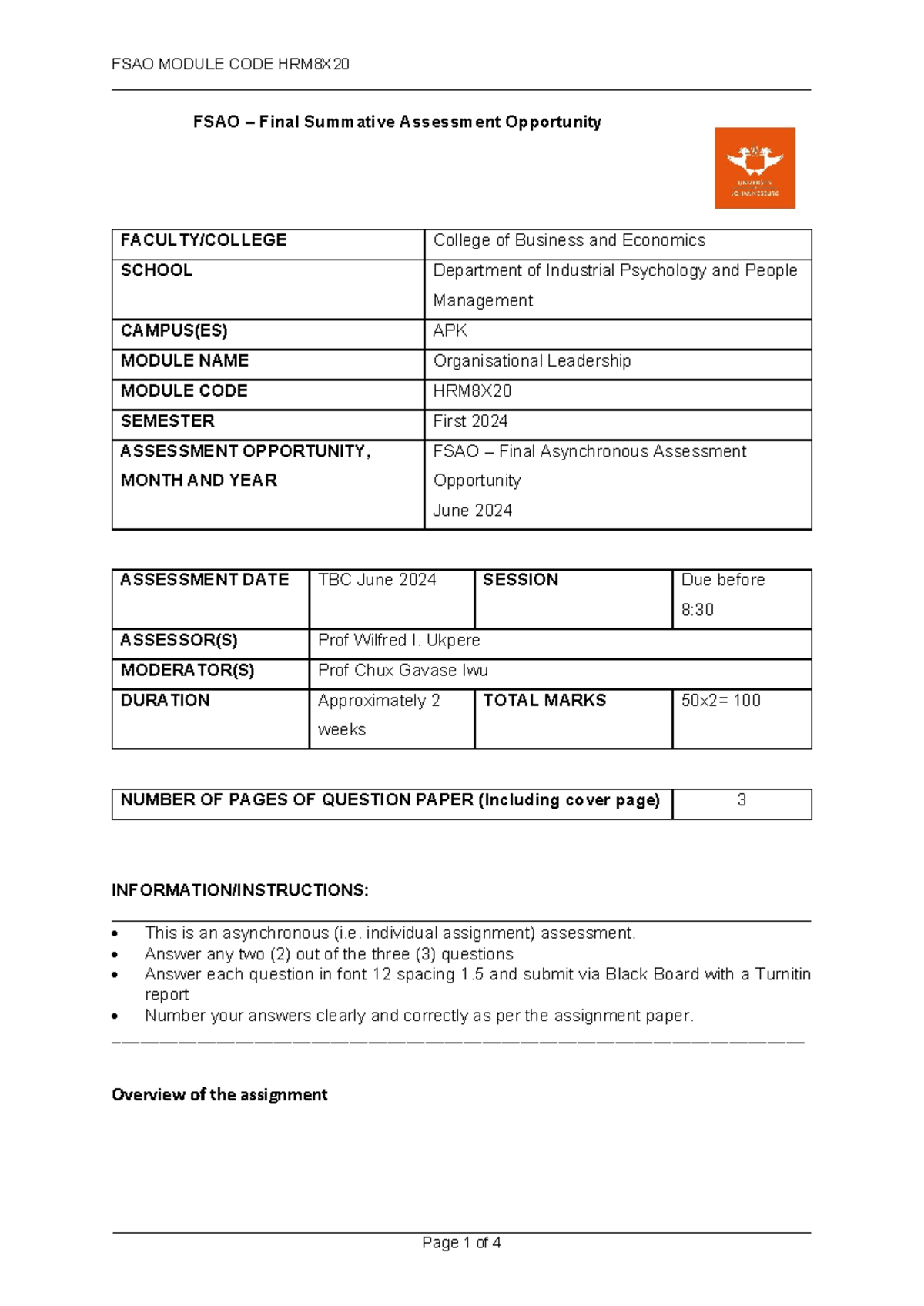 Exam Assignment HRMX20 Jun 2024 v1-03 Org Leadership 2 - - Studocu