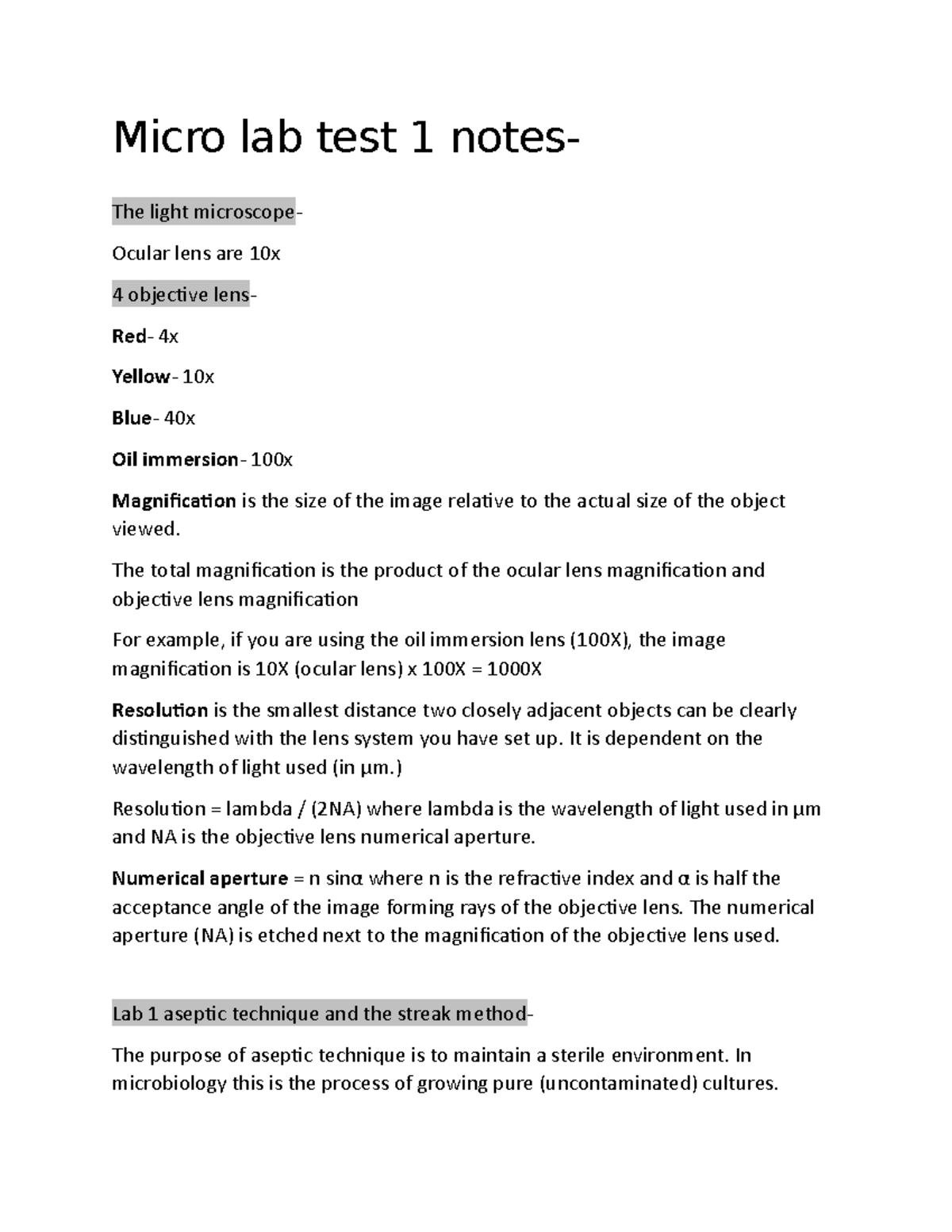 Micro lab test 1 study Micro lab test 1 notes The light microscope