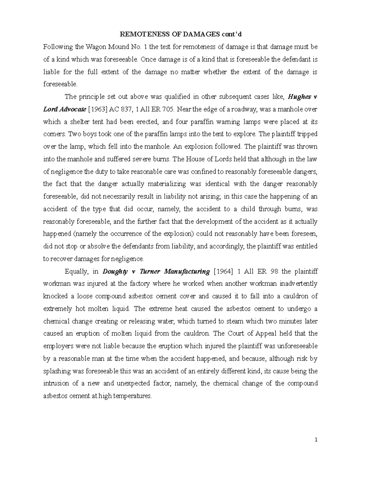 TORT 1 Remoteness OF Damages Continued REMOTENESS OF DAMAGES cont’d