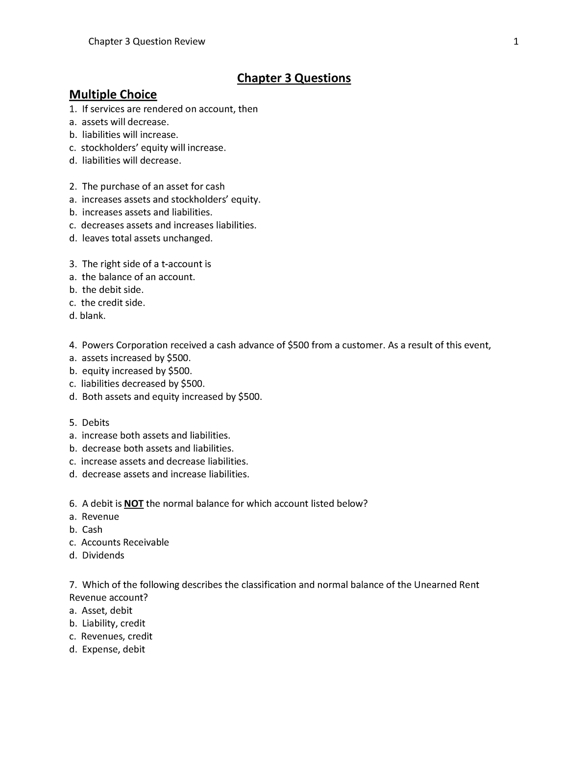 Chapter 3 Question Review - Chapter 3 Questions Multiple Choice If ...