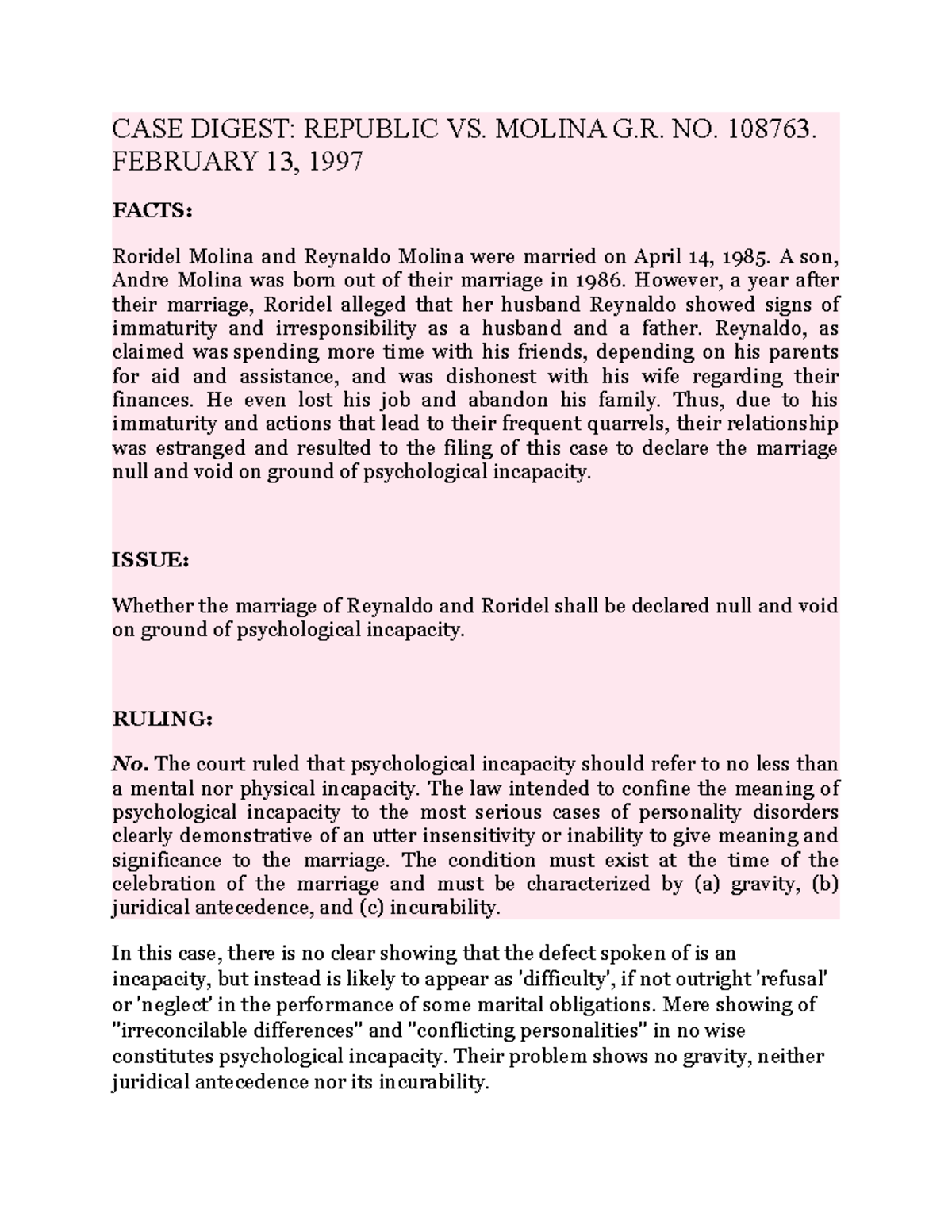 Molina CASE case digests CASE DIGEST REPUBLIC VS. MOLINA G. NO