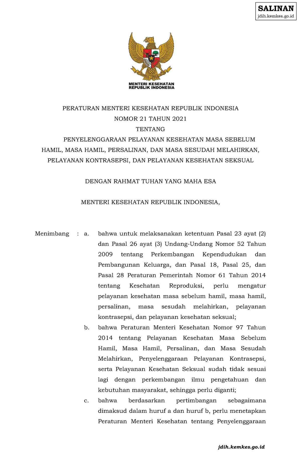 Pmk 2 2021 Signed Yankes Kespro - PERATURAN MENTERI KESEHATAN REPUBLIK ...