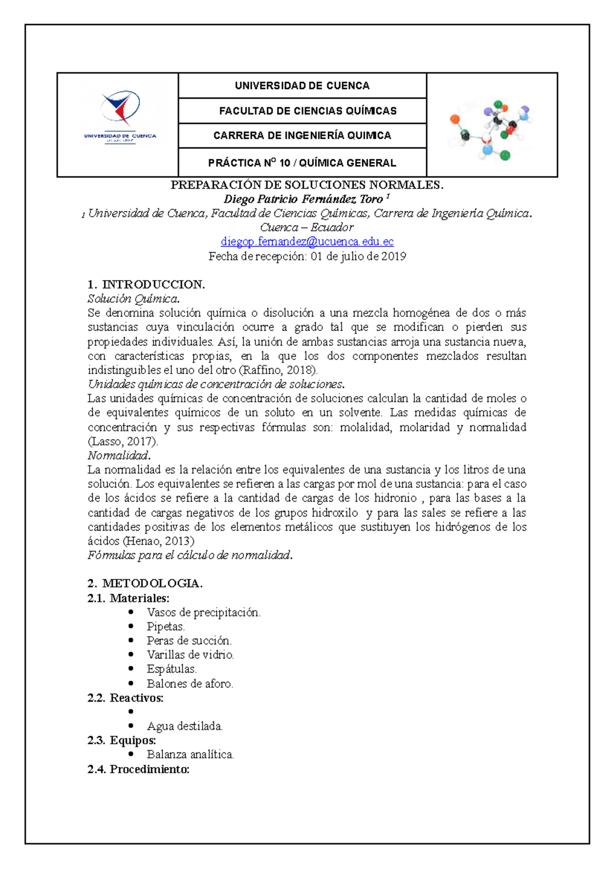 Practica 10 Preparación DE Soluciones Normales - UNIVERSIDAD DE CUENCA ...