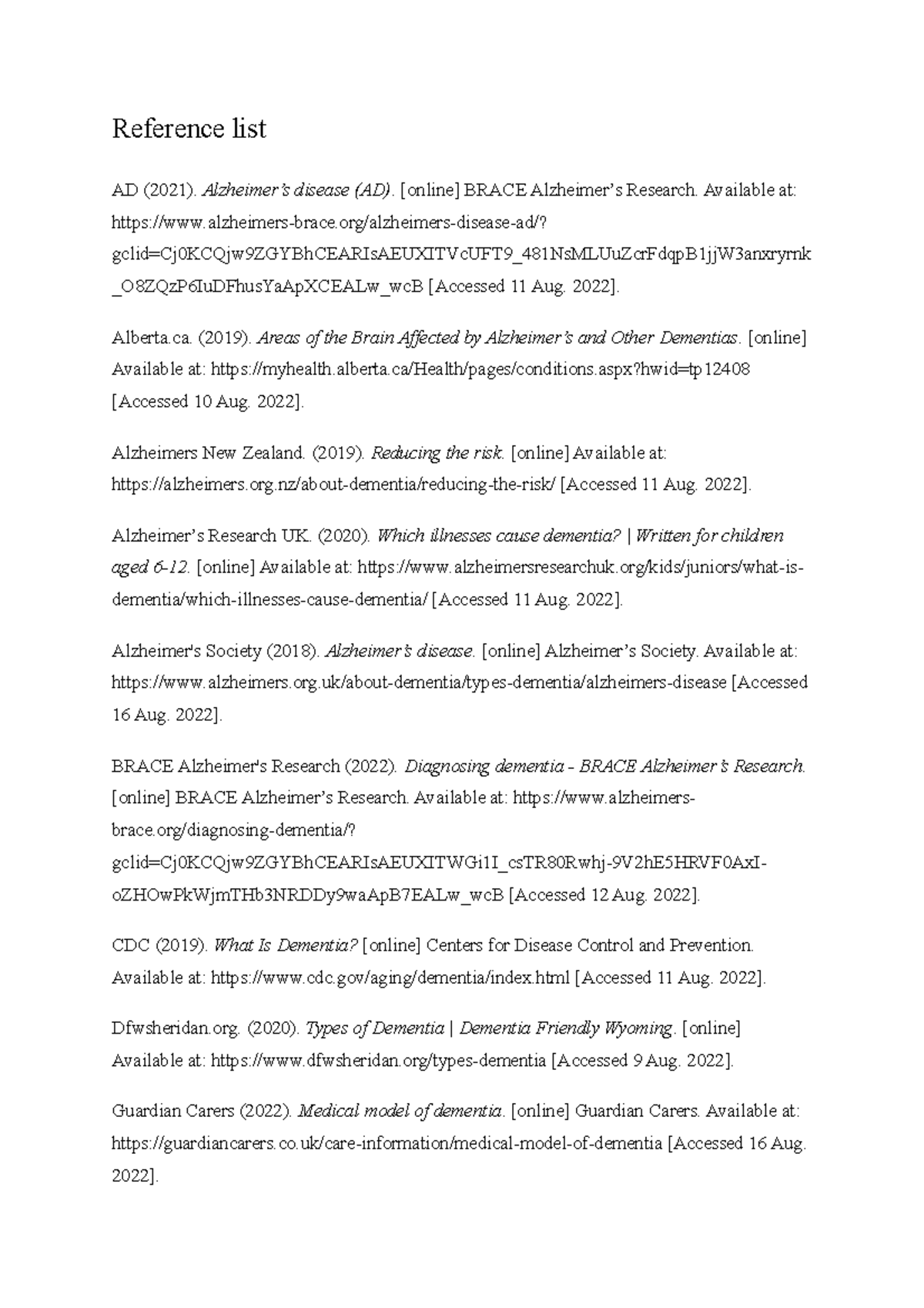 Unt 12 references - Reference list AD (2021). Alzheimer’s disease (AD ...
