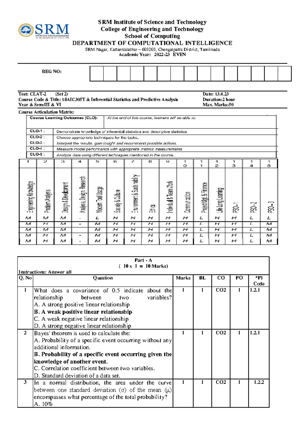 CT2 Answer key2 (AN) - SRM Institute of Science and Technology College ...