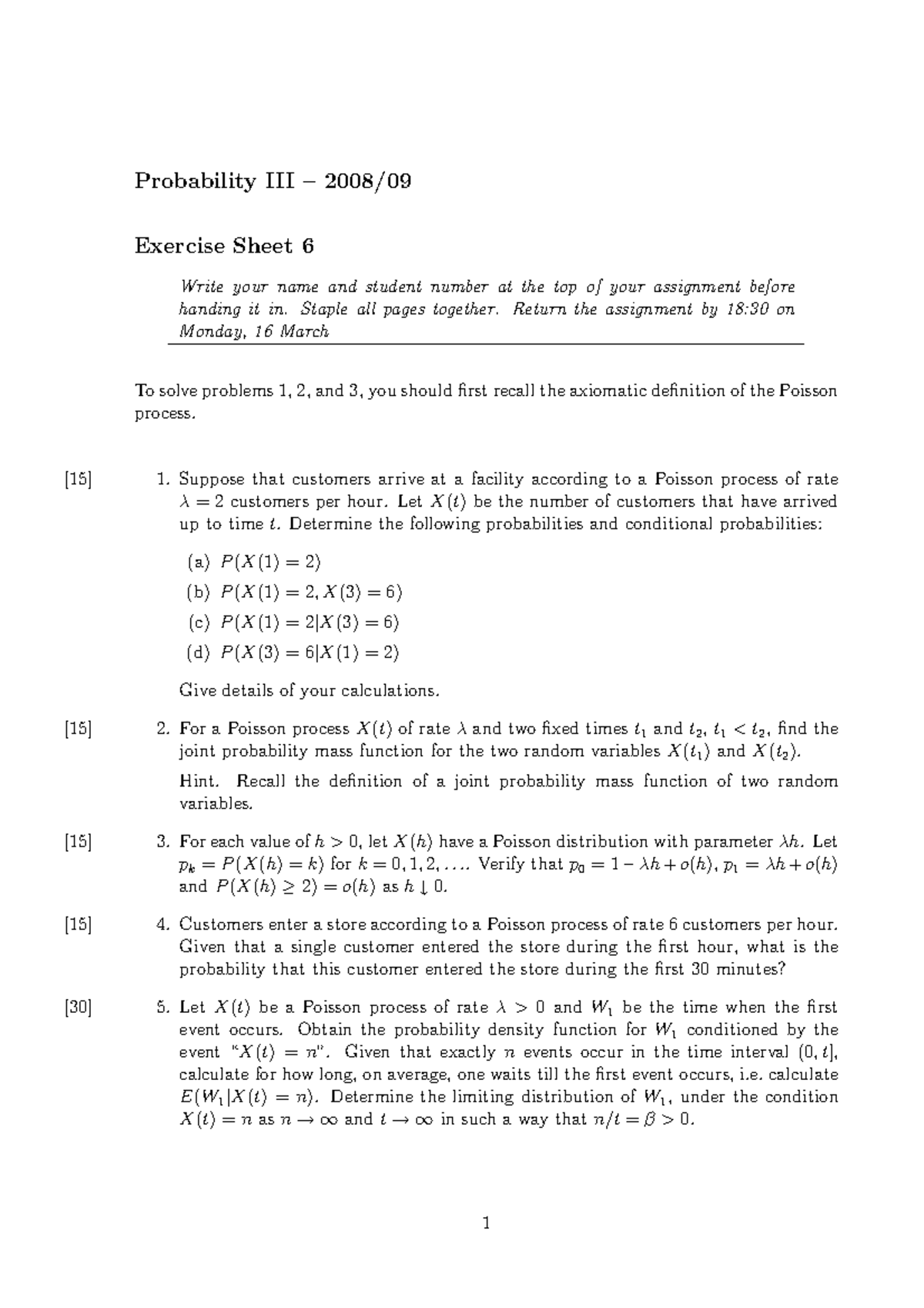 Exercise Sheet 6 - Questions - Probability III – 2008/09 Exercise Sheet ...