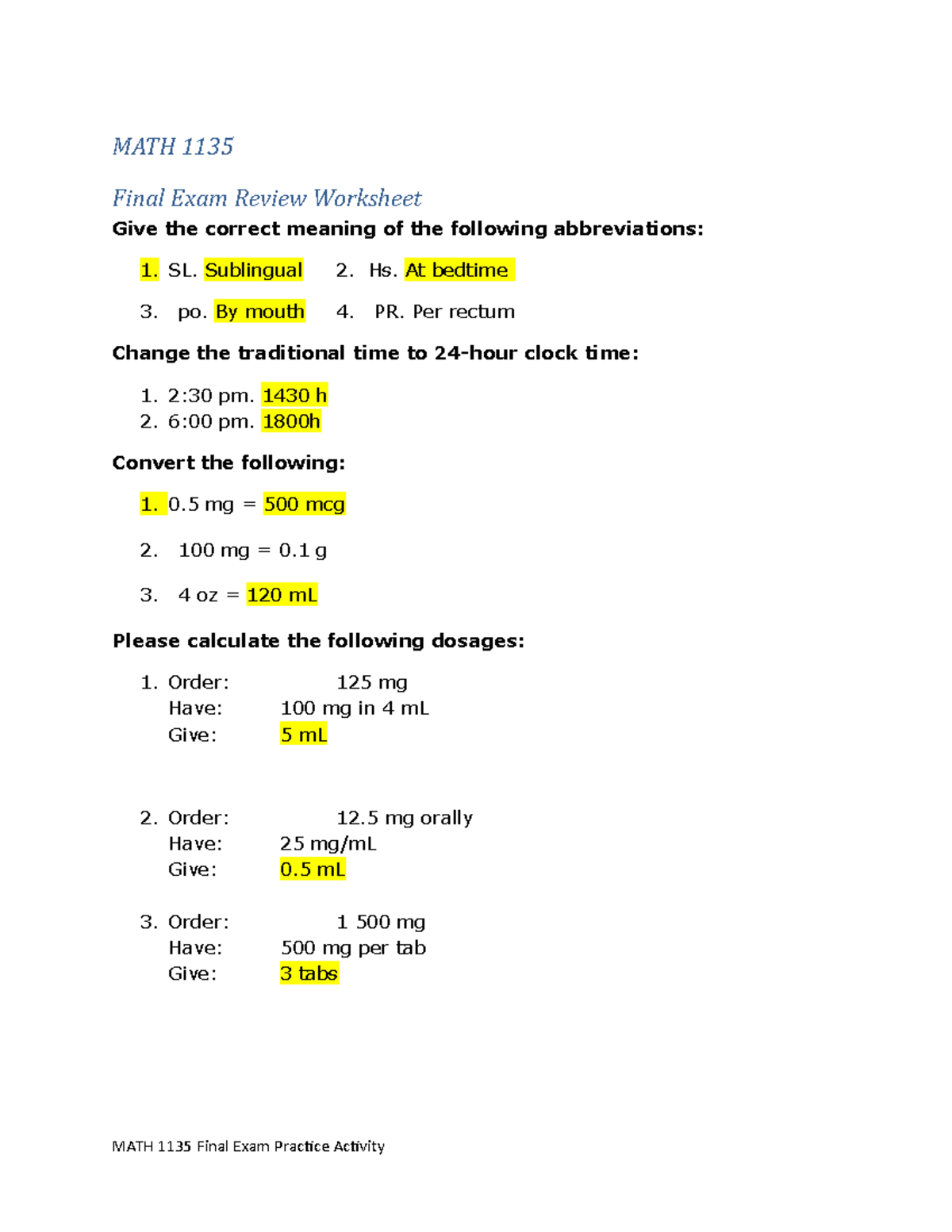 Math Pharm Final Review(3) - MATH 1135 Final Exam Review Worksheet Give ...