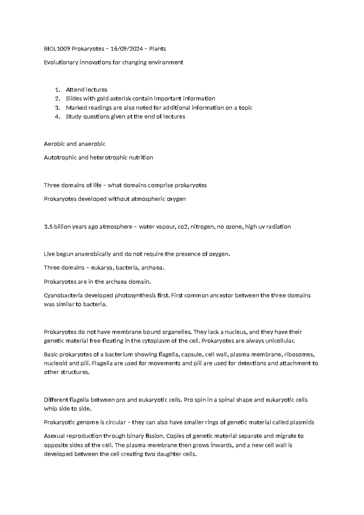 BIOL1009 16 - Notes from 16/09/2024 - BIOL1009 Prokaryotes – 16/09/2024 ...