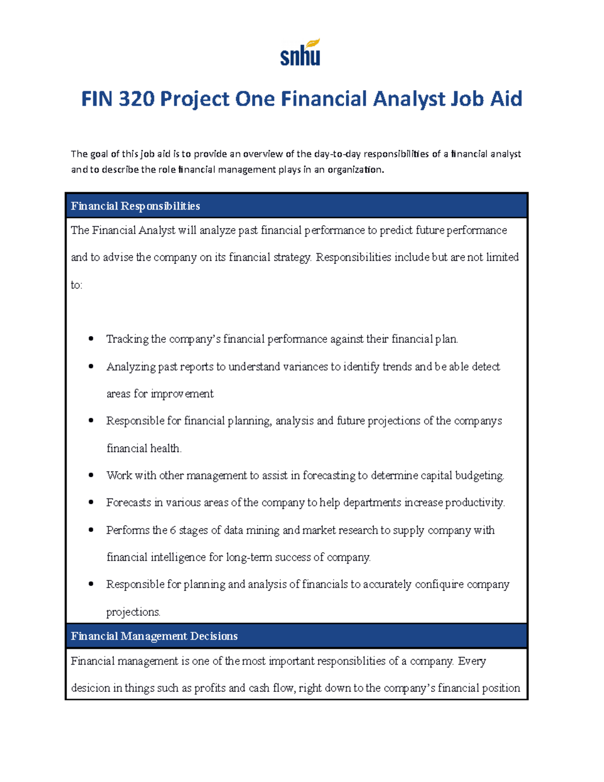 FIN 320 Project One Financial Analyst Job Aid - A - FIN 320 Project One ...