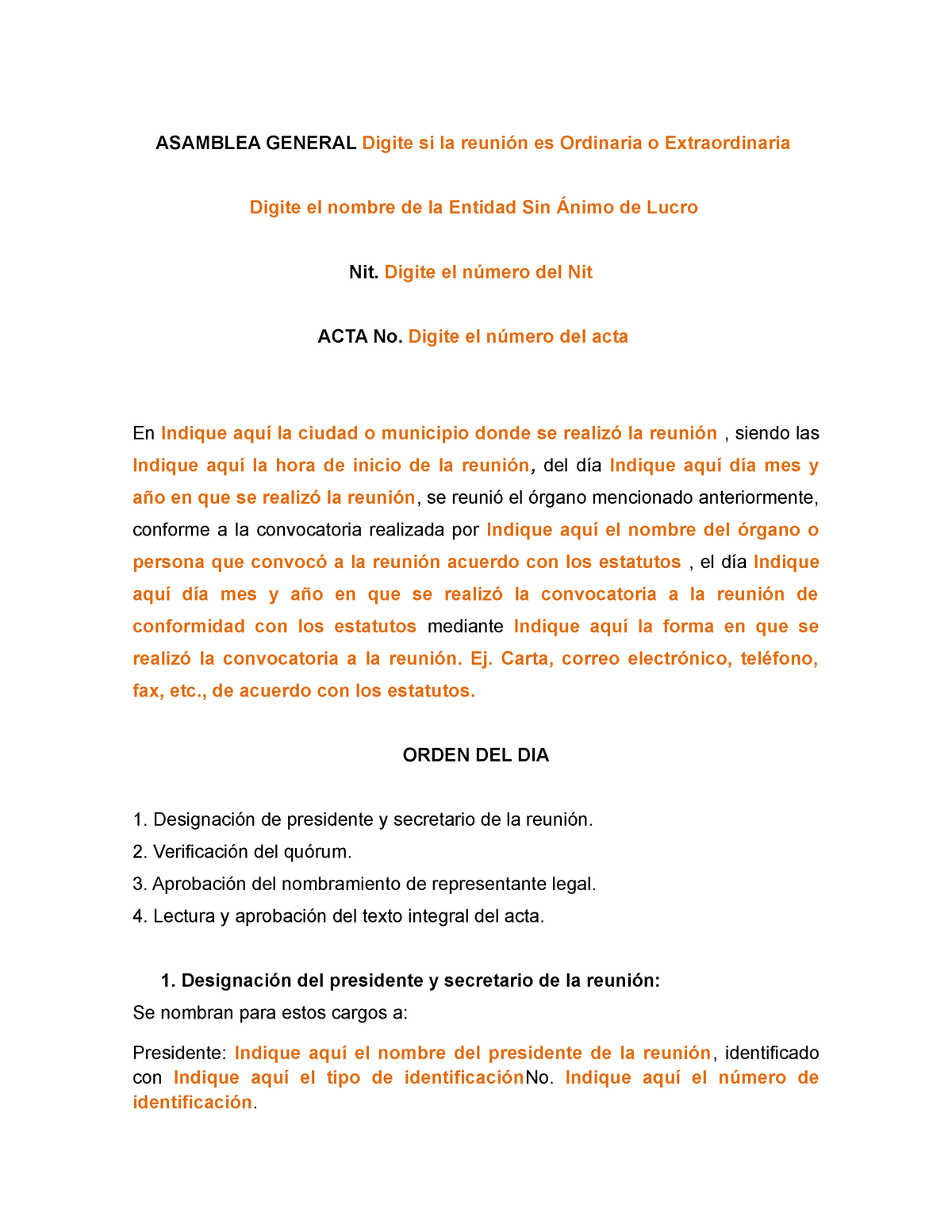 Modelo Acta De Asamblea General Para El Nombramiento De Representante