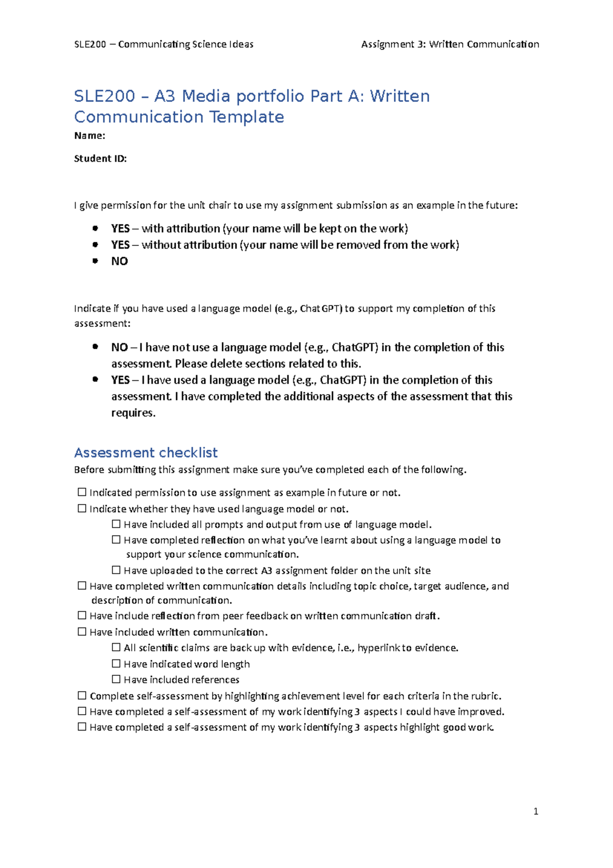 SLE200 A3 Written Communication Template - SLE200 – A3 Media portfolio ...
