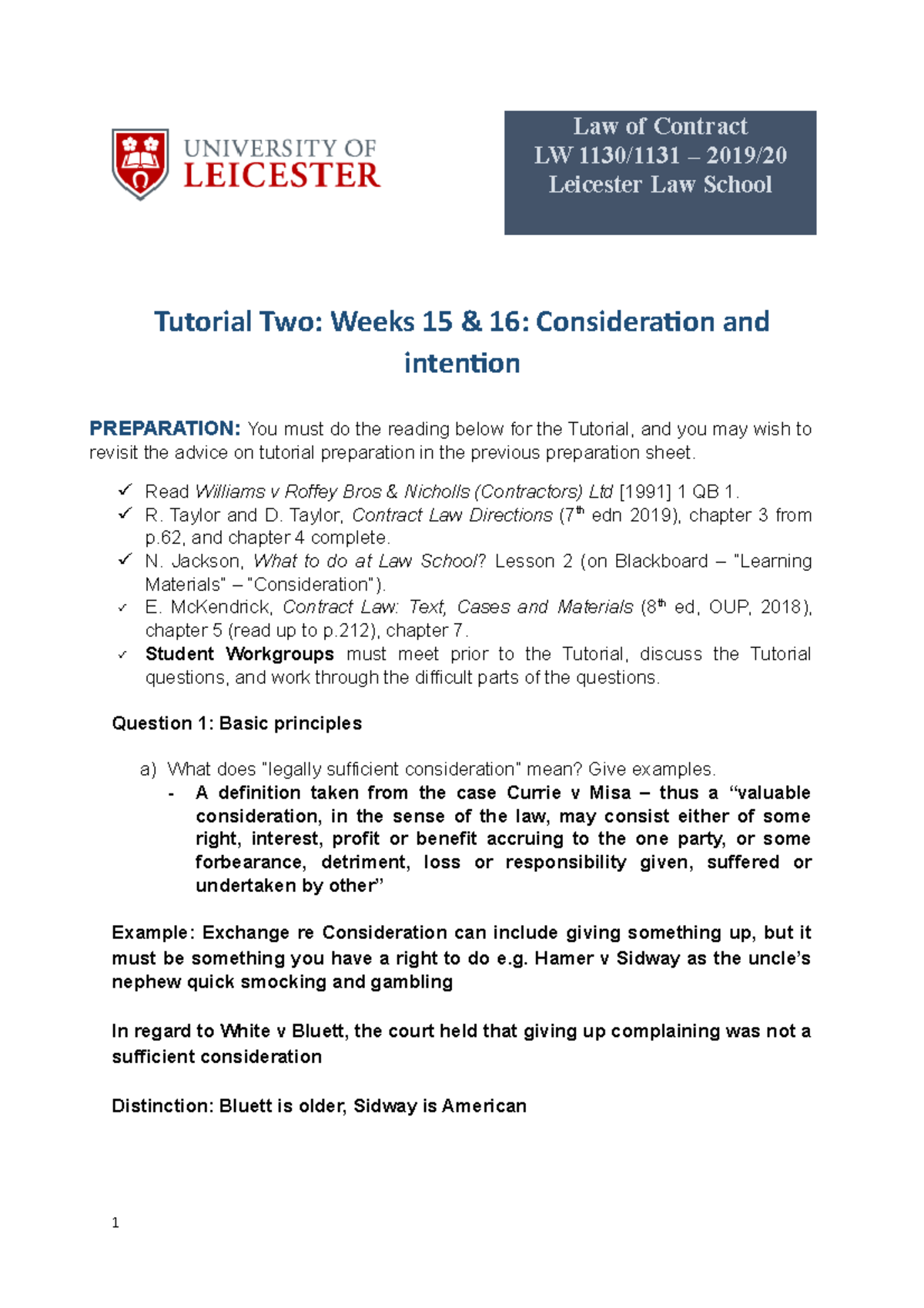 2Contract - Tutorial 2 Answers - Law Of Contract LW 1130/1131 – 2019 ...