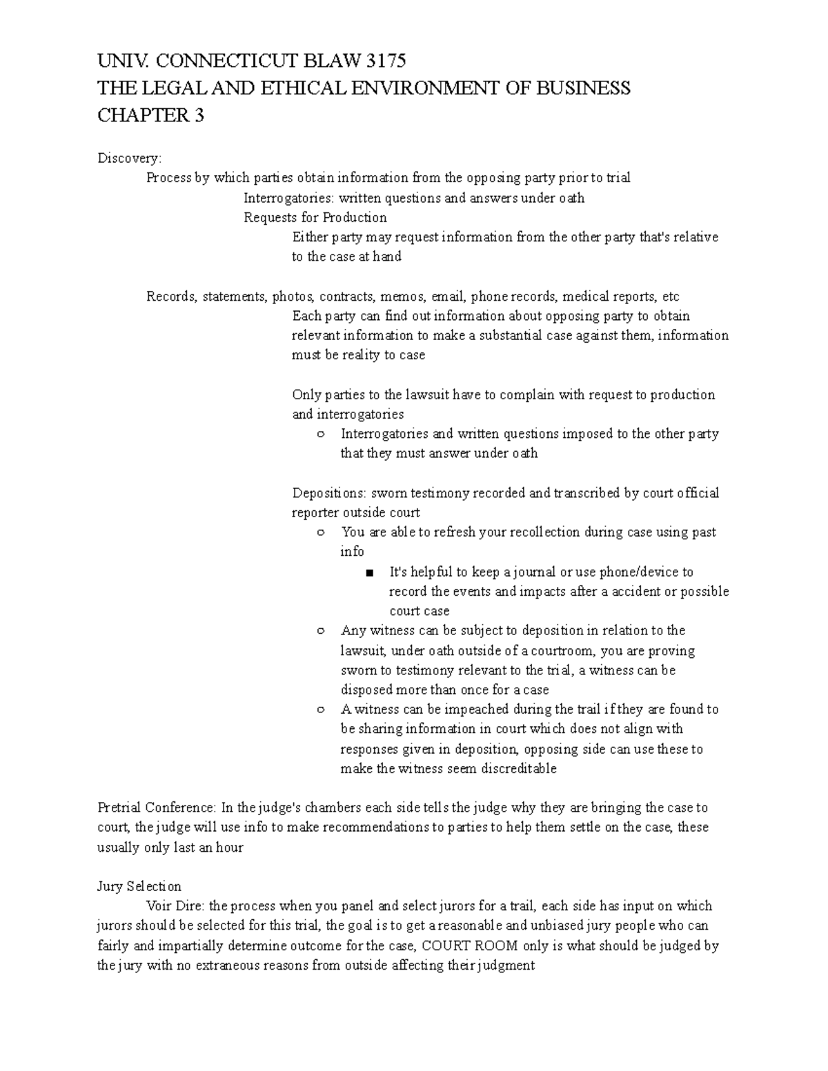 BLAW 3175 Notes - UNIV. CONNECTICUT BLAW 3175 THE LEGAL AND ETHICAL ...