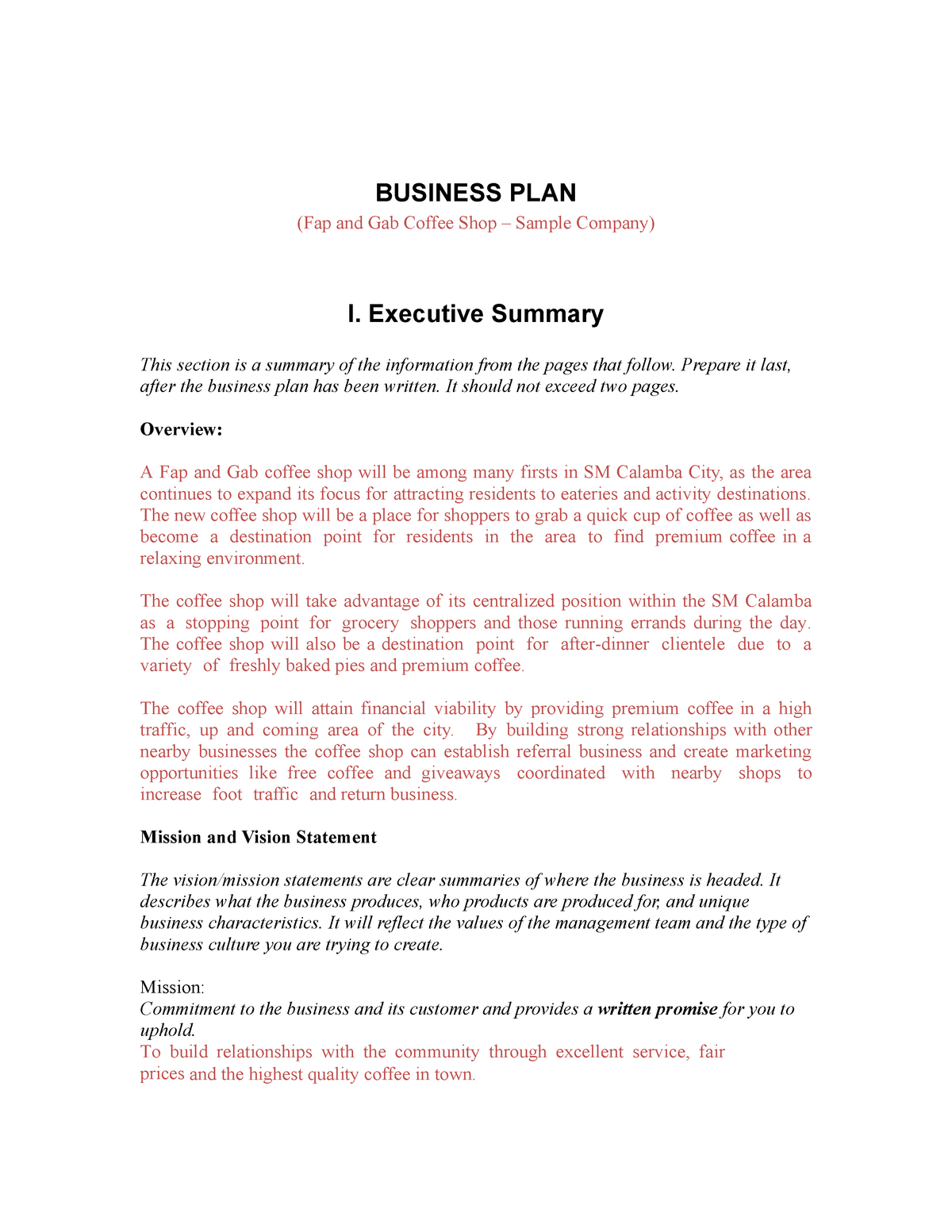 place in business plan