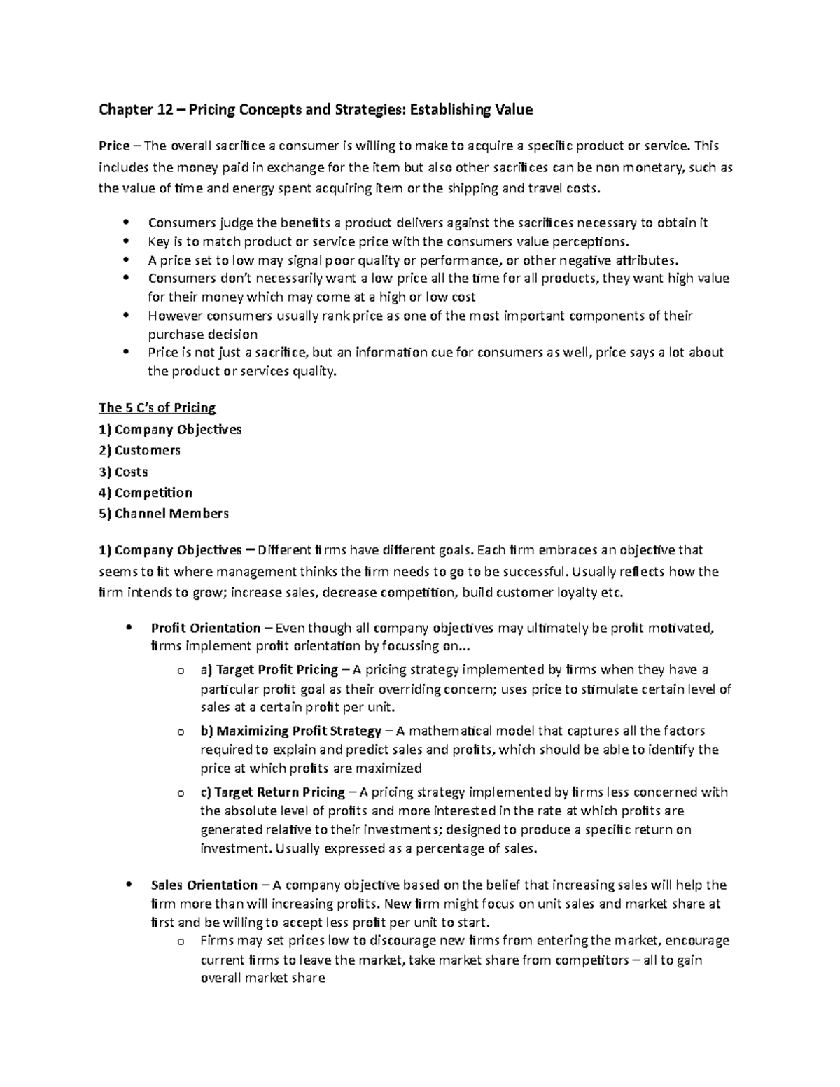 Marketing - Chapter 12 - Notes - Chapter 12 – Pricing Concepts and ...