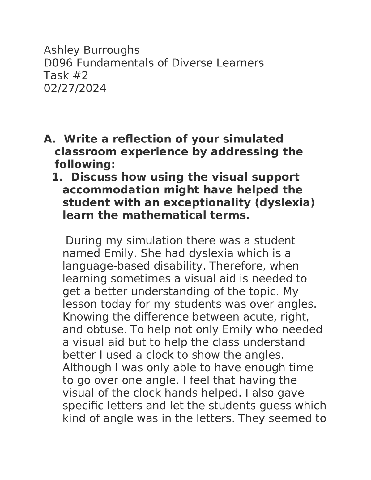 D096 Task 2 - Ashley Burroughs D096 Fundamentals of Diverse Learners ...