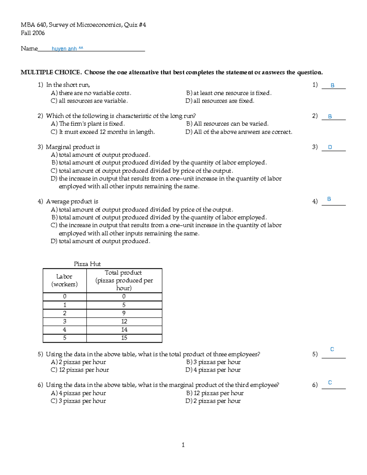 Micro Quiz 4triet Hoc Chuong 12 - Mba 640, Survey Of Microeconomics 