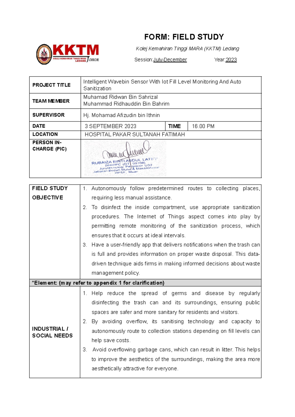 Field study - FORM: FIELD STUDY Kolej Kemahiran Tinggi MARA (KKTM ...