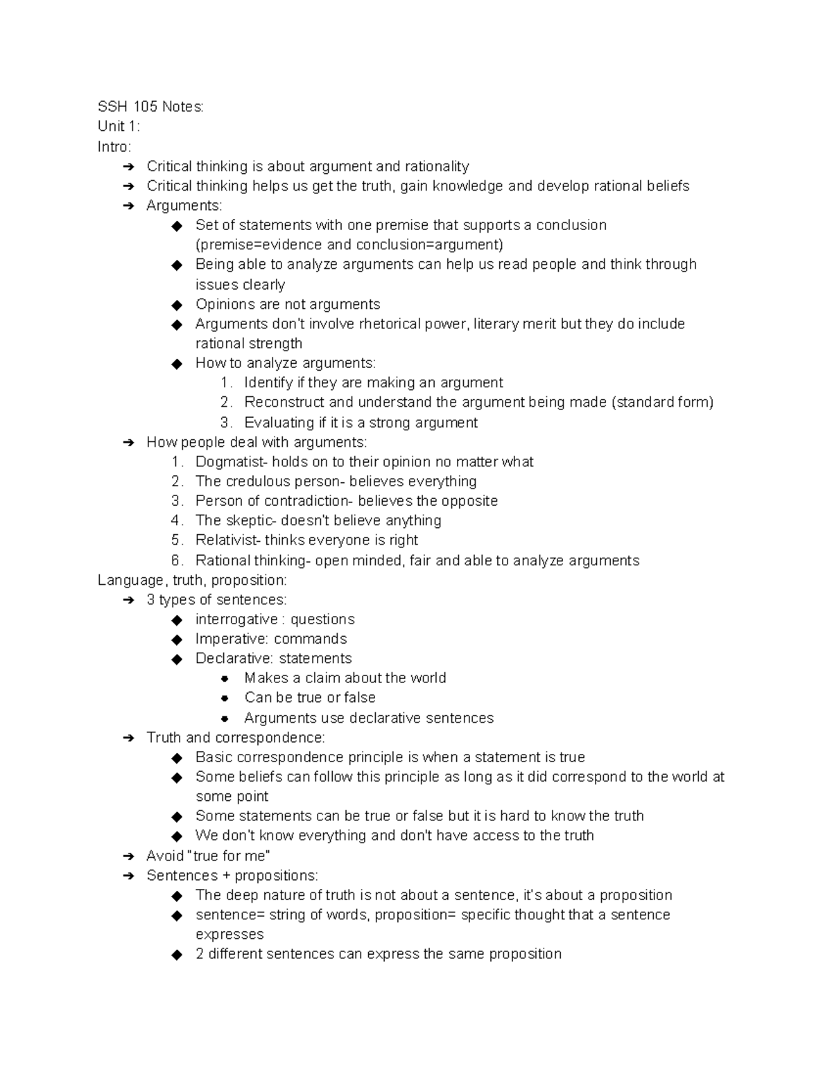 SSH 105 Notes Sadurya - SSH 105 Notes: Unit 1: Intro: Critical thinking ...
