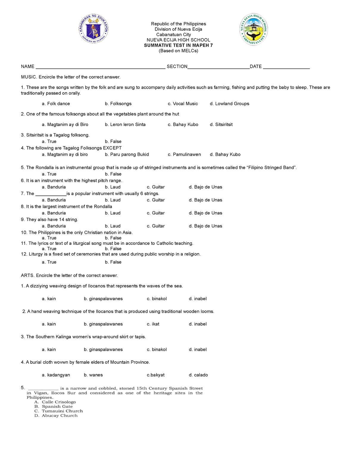 MAPEH Summative Exam Grade 7 - Bachelor Of Secondary Education - Studocu