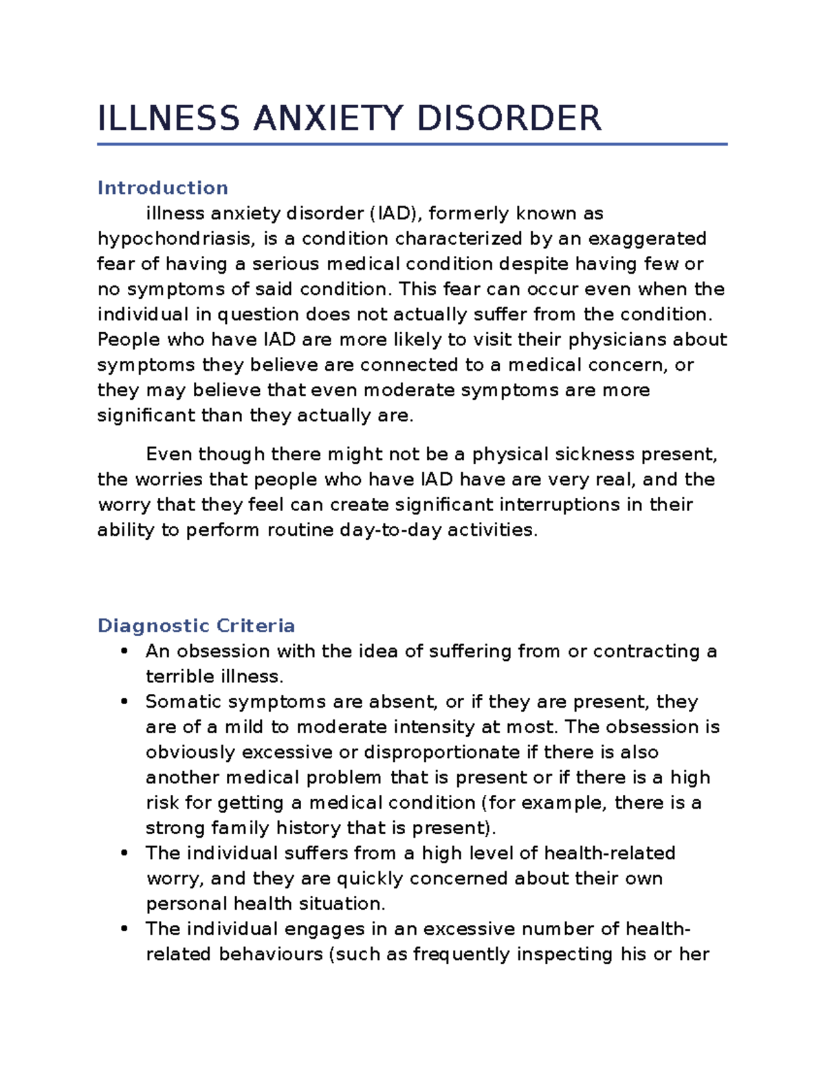 An overview of illness anxiety disorder ILLNESS ANXIETY DISORDER