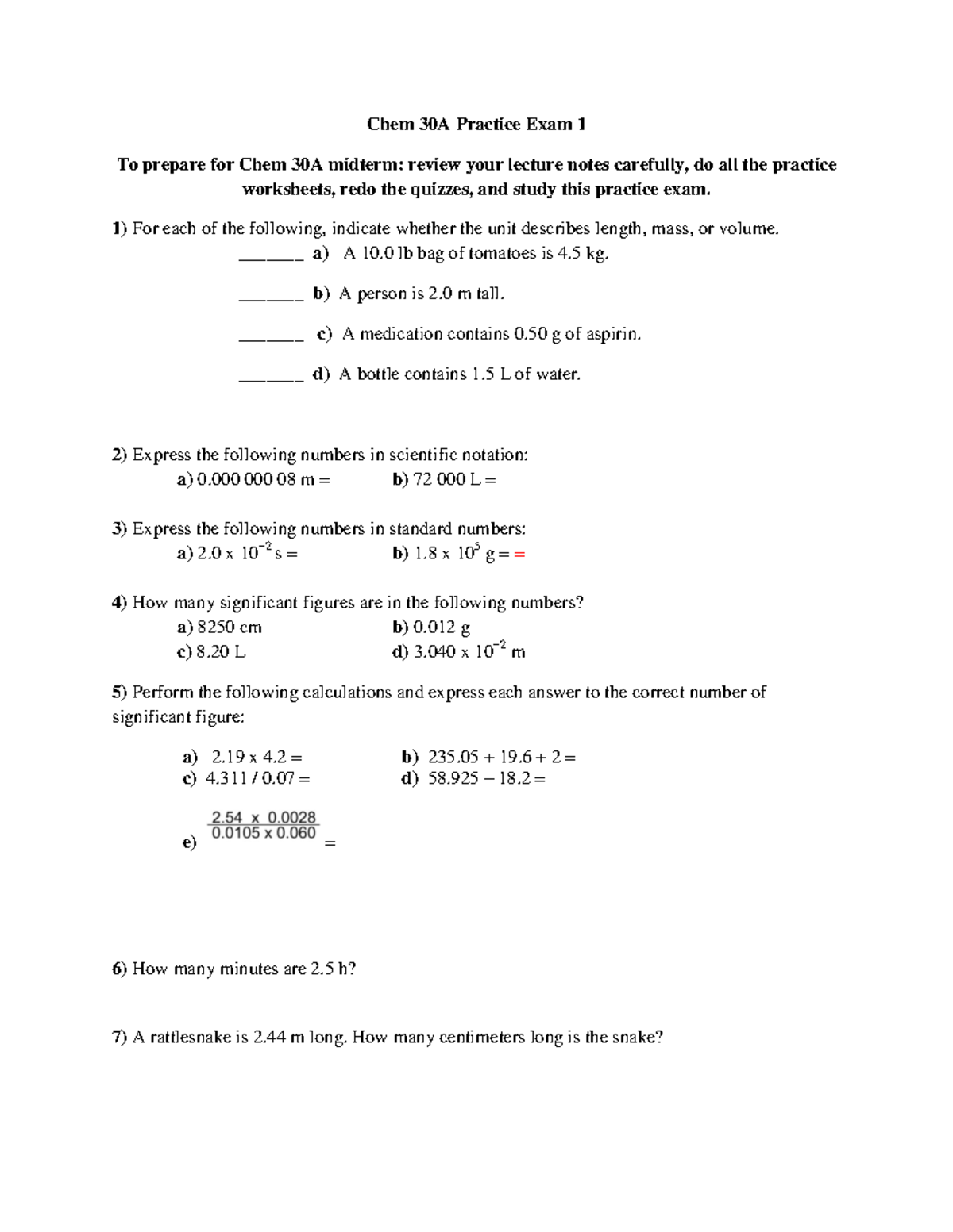 Week 6-Practice Exam 1-1 - Chem 30A Practice Exam 1 To prepare for Chem ...