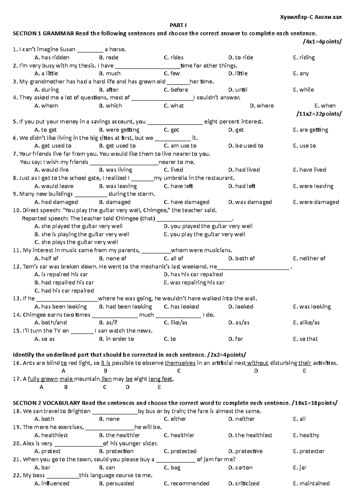 2022-C - English exam - Хувилбар-C Англи хэл PART I SECTION 1 GRAMMAR ...