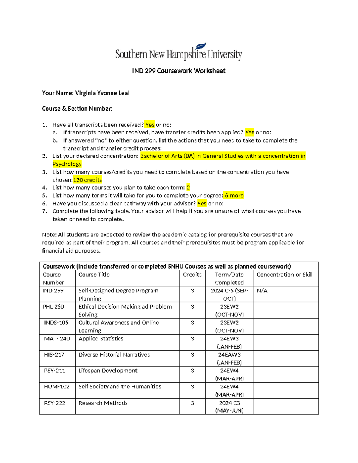 IND 299 Coursework Worksheet - IND 299 Coursework Worksheet Your Name ...
