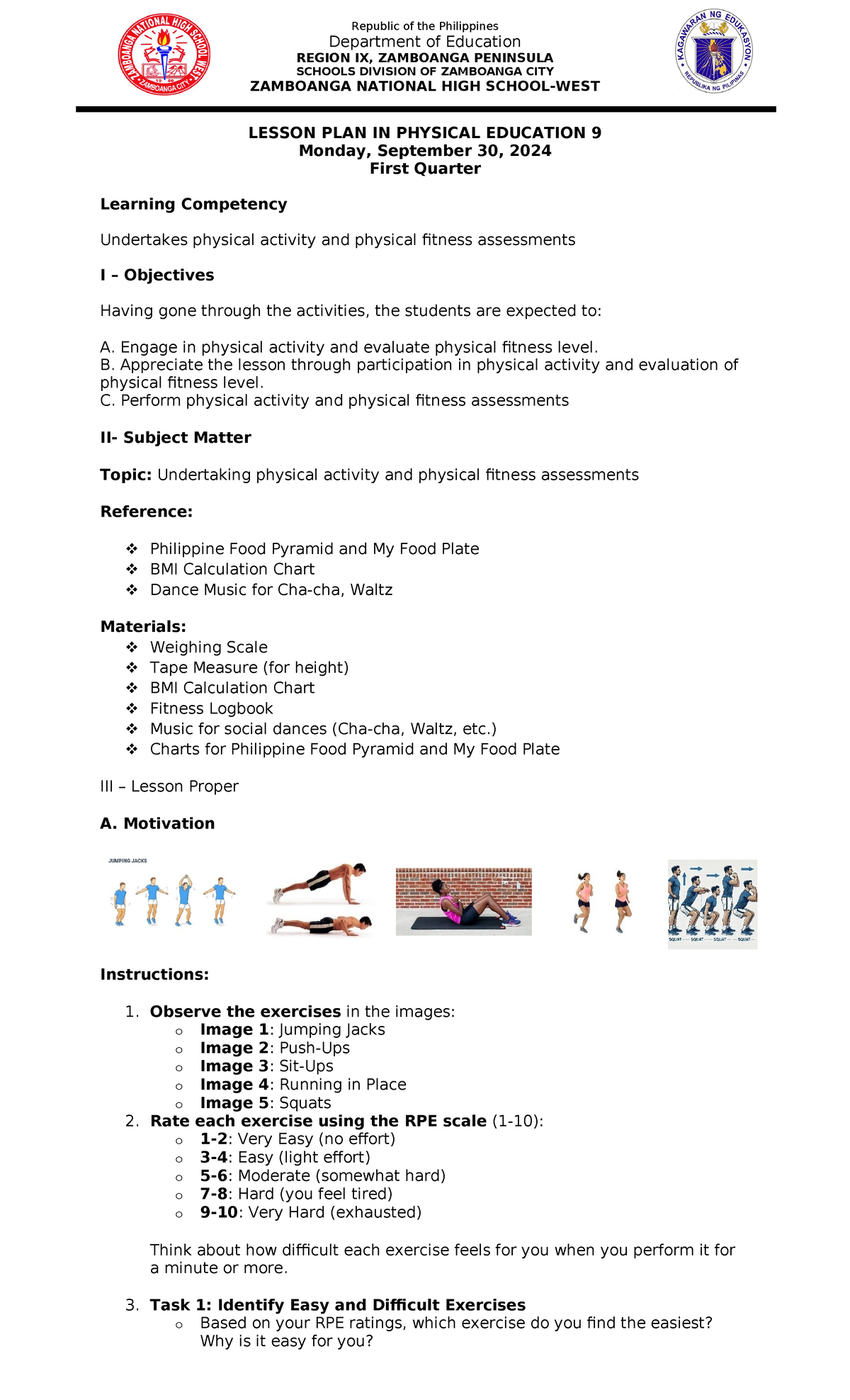 Lesson Plan 1 in PE Second Quarter - Department of Education REGION IX ...