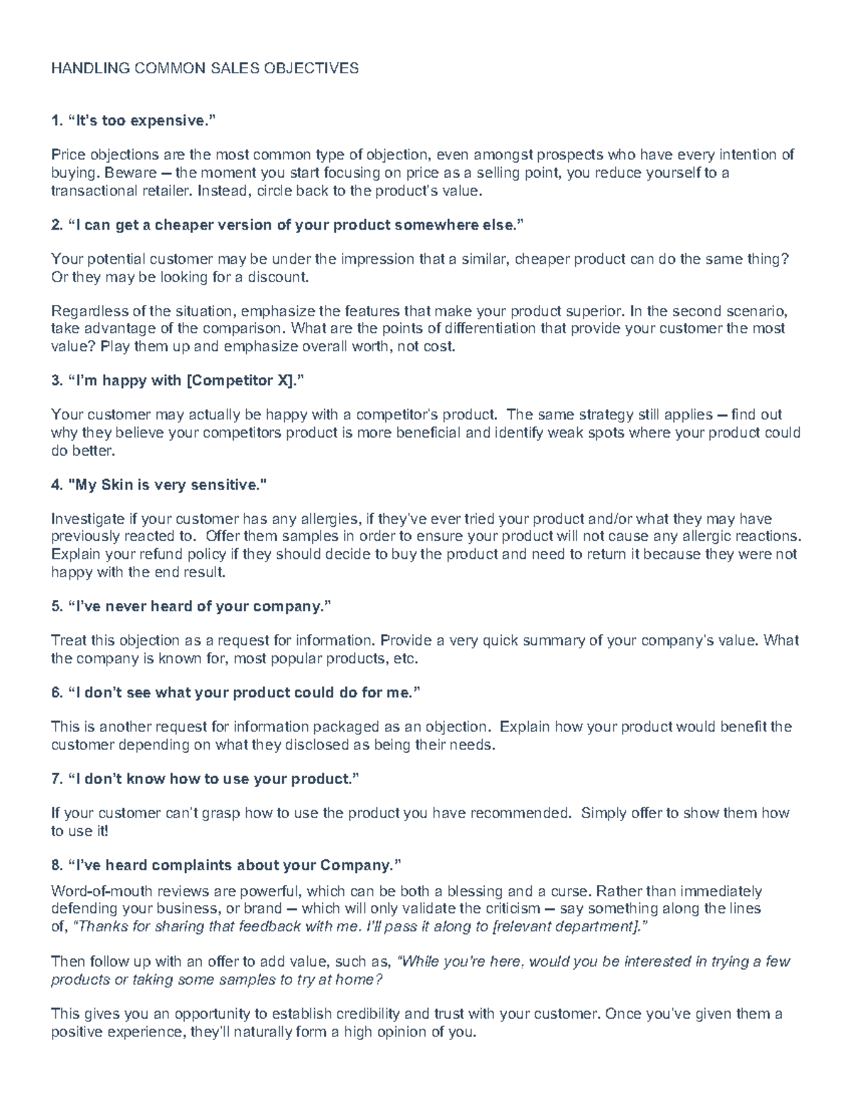 Handling Common Sales Objectives - HANDLING COMMON SALES OBJECTIVES 1 ...