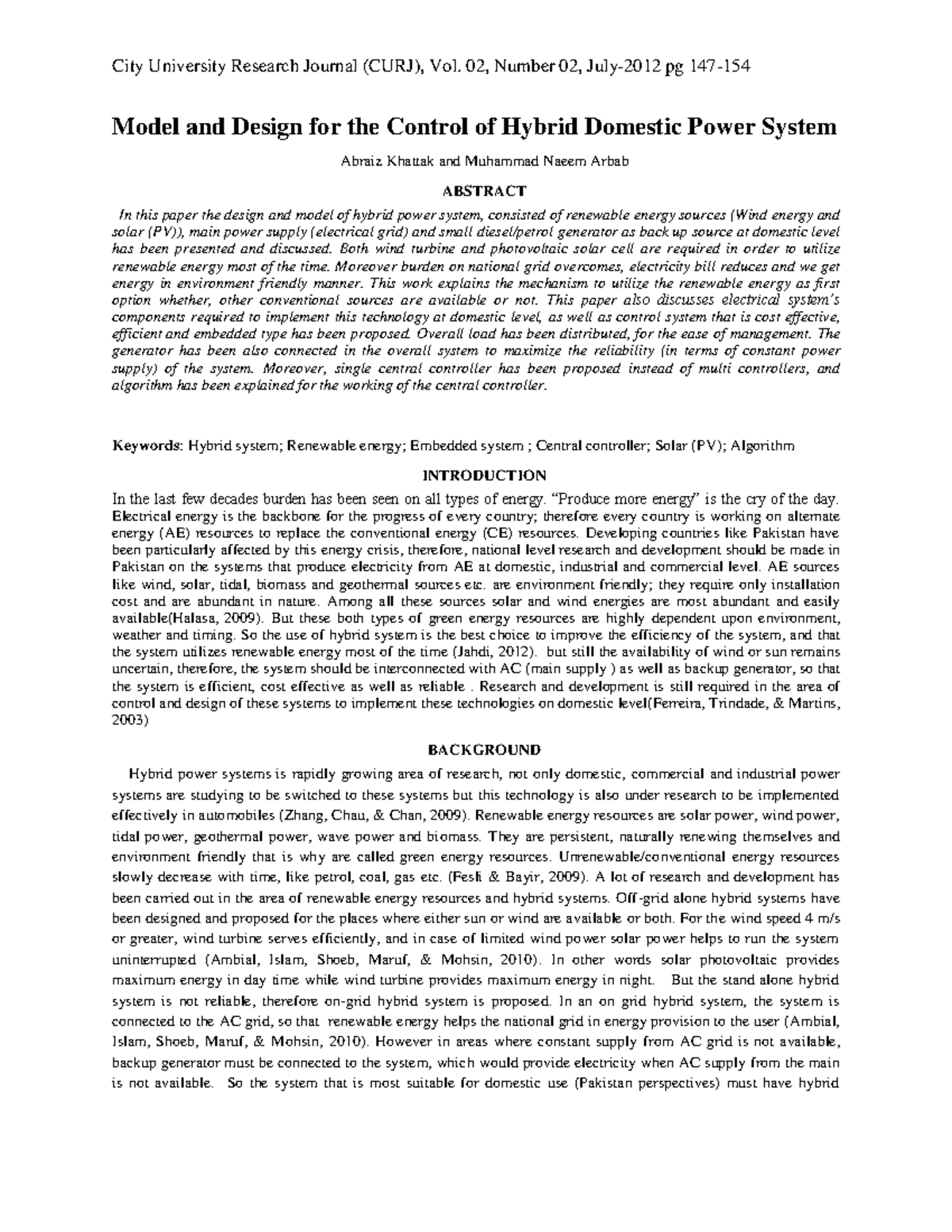 Model and Design for the Control of Hybrid Domestic Power System - Both ...