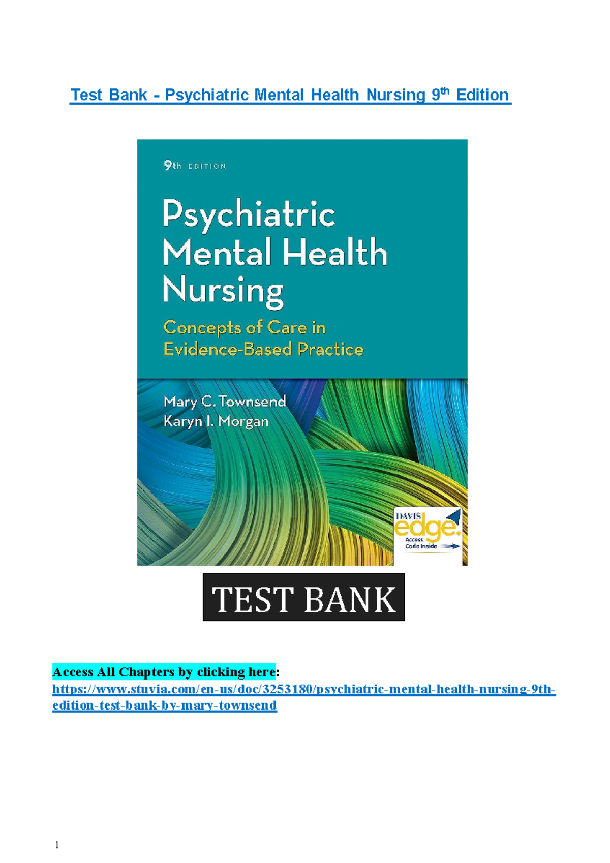 Psychiatric Mental Health Nursing By Mary Townsend 9th Edition Test ...