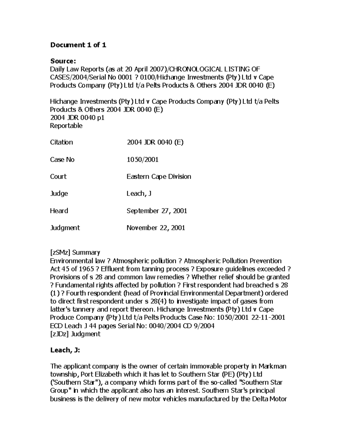 HighchangeInvestments Document 1 of 1 Source Daily Law Reports (as