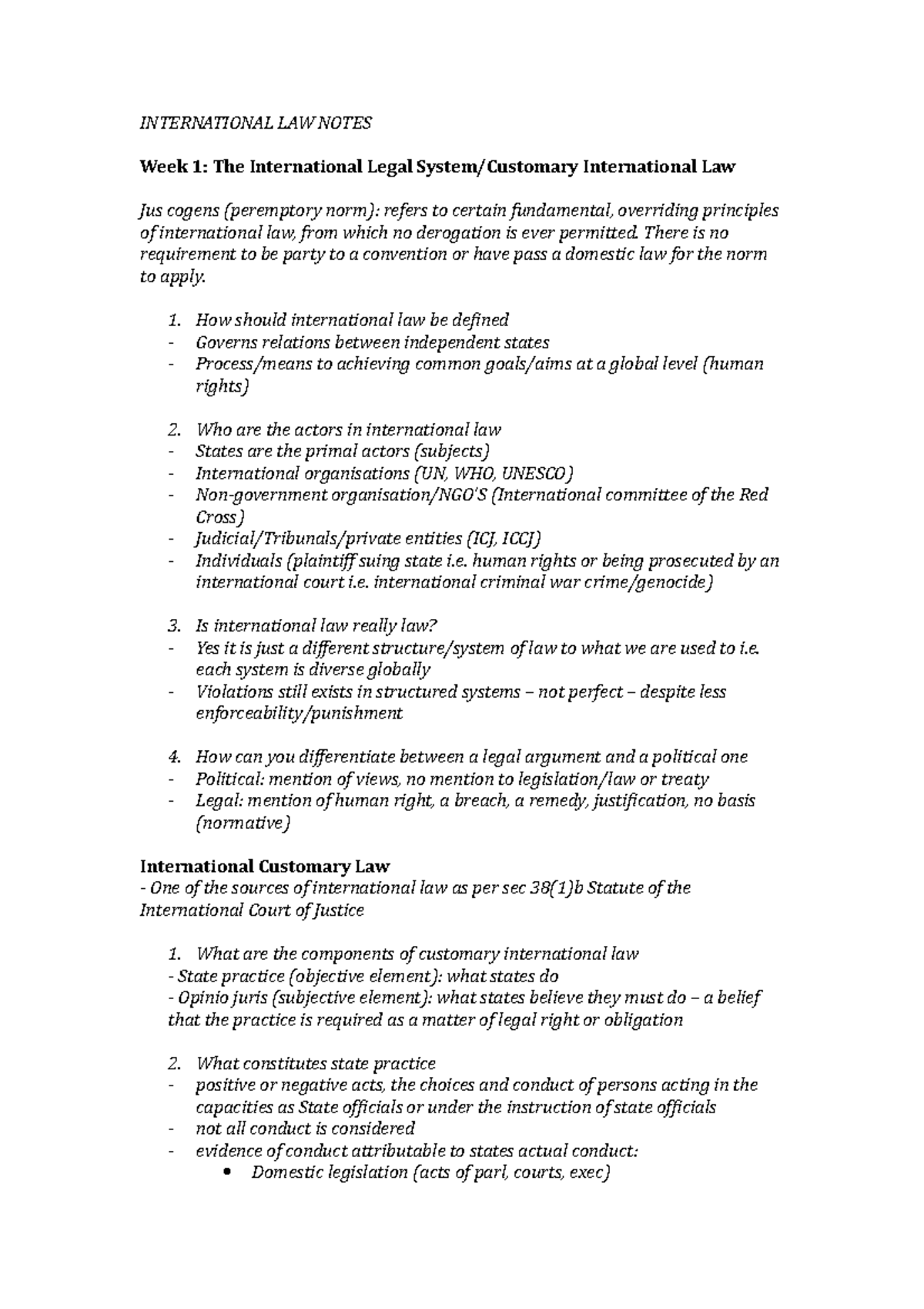 International LAW Notes - INTERNATIONAL LAW NOTES Week 1: The ...