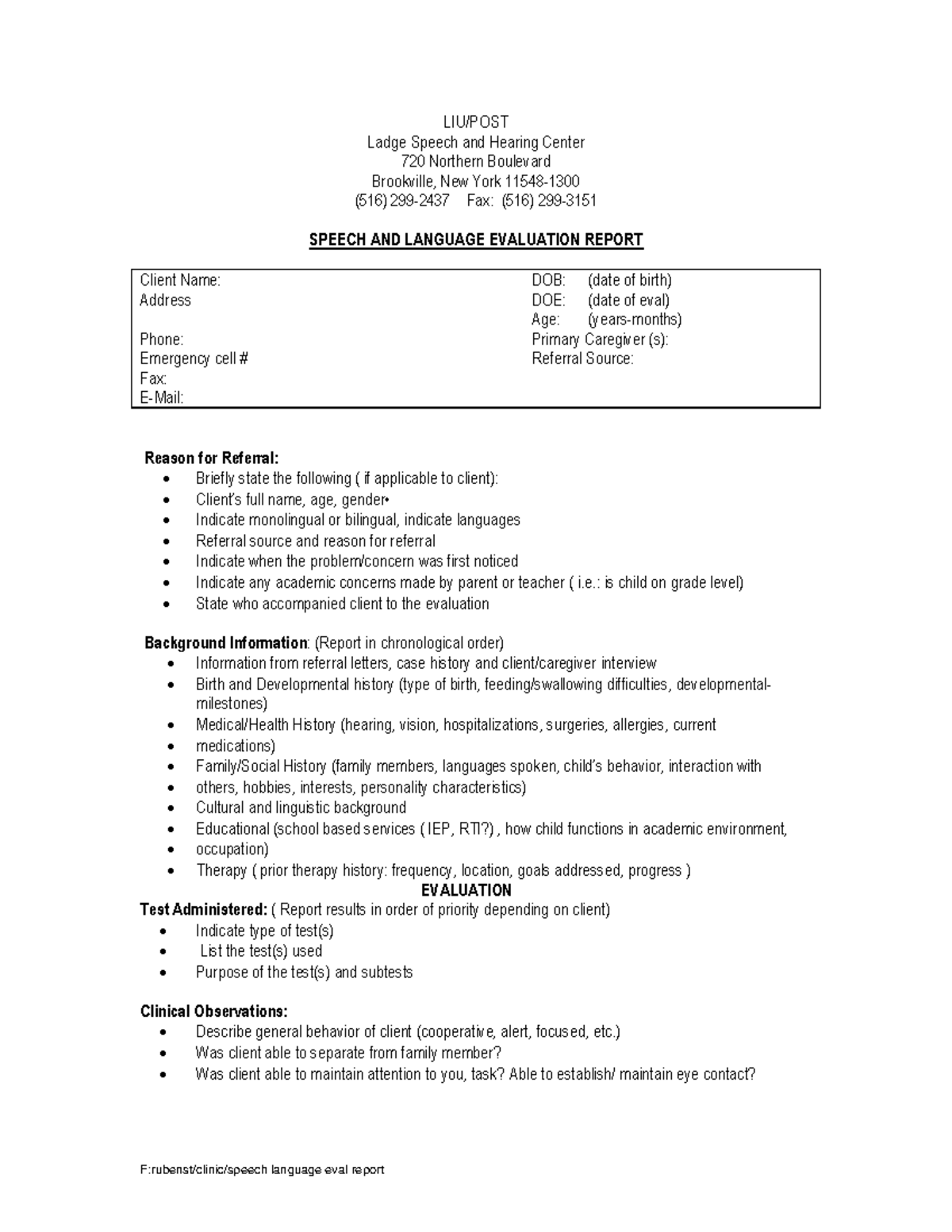 Speech Language Evaluation Report Template - F:rubenst/clinic/speech ...