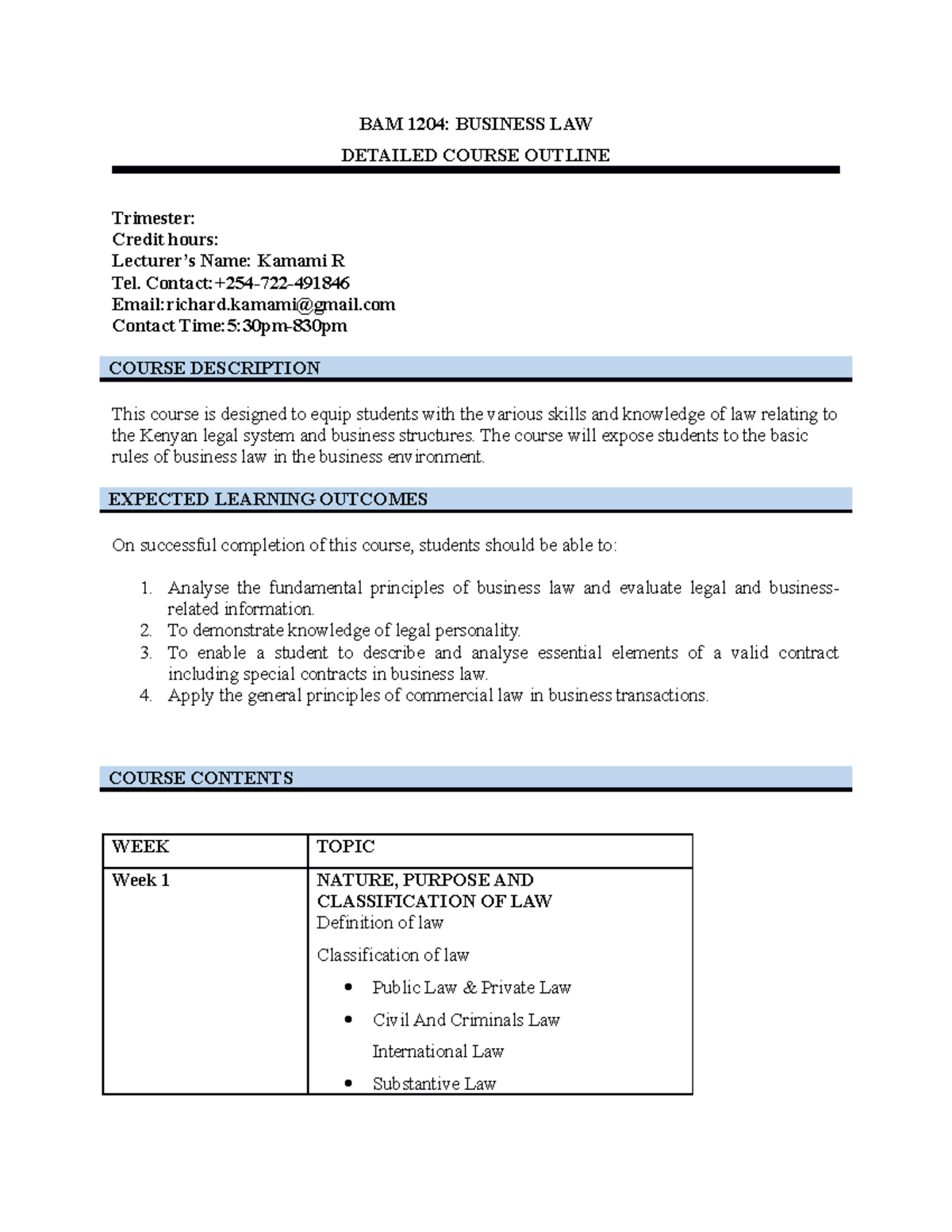 Business Law course outline-BAM 1204 - BAM 1204: BUSINESS LAW DETAILED ...