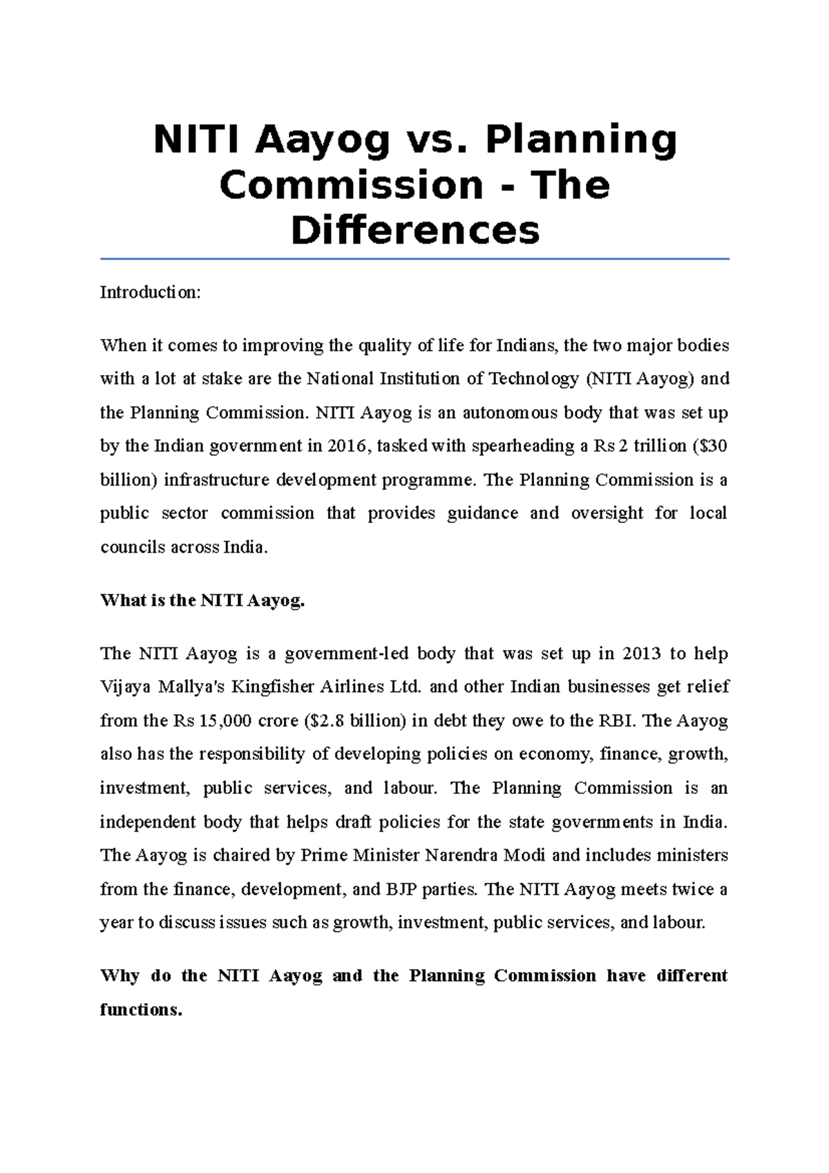 Niti Aayog Vs Planning Commission The Differences Niti Aayog Vs