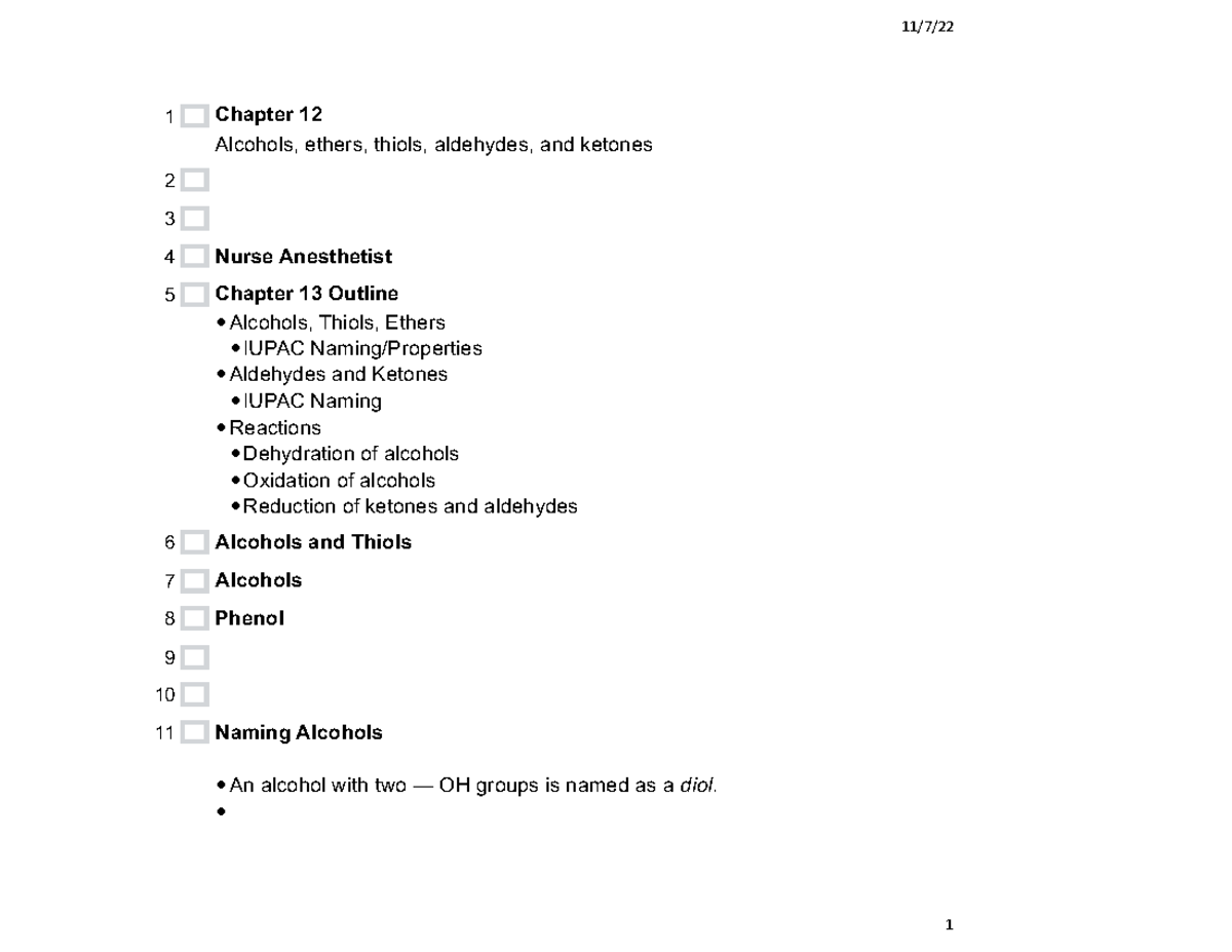 Chapter 12 Notes - 11/7/ 1 Chapter 12 Alcohols, ethers, thiols ...