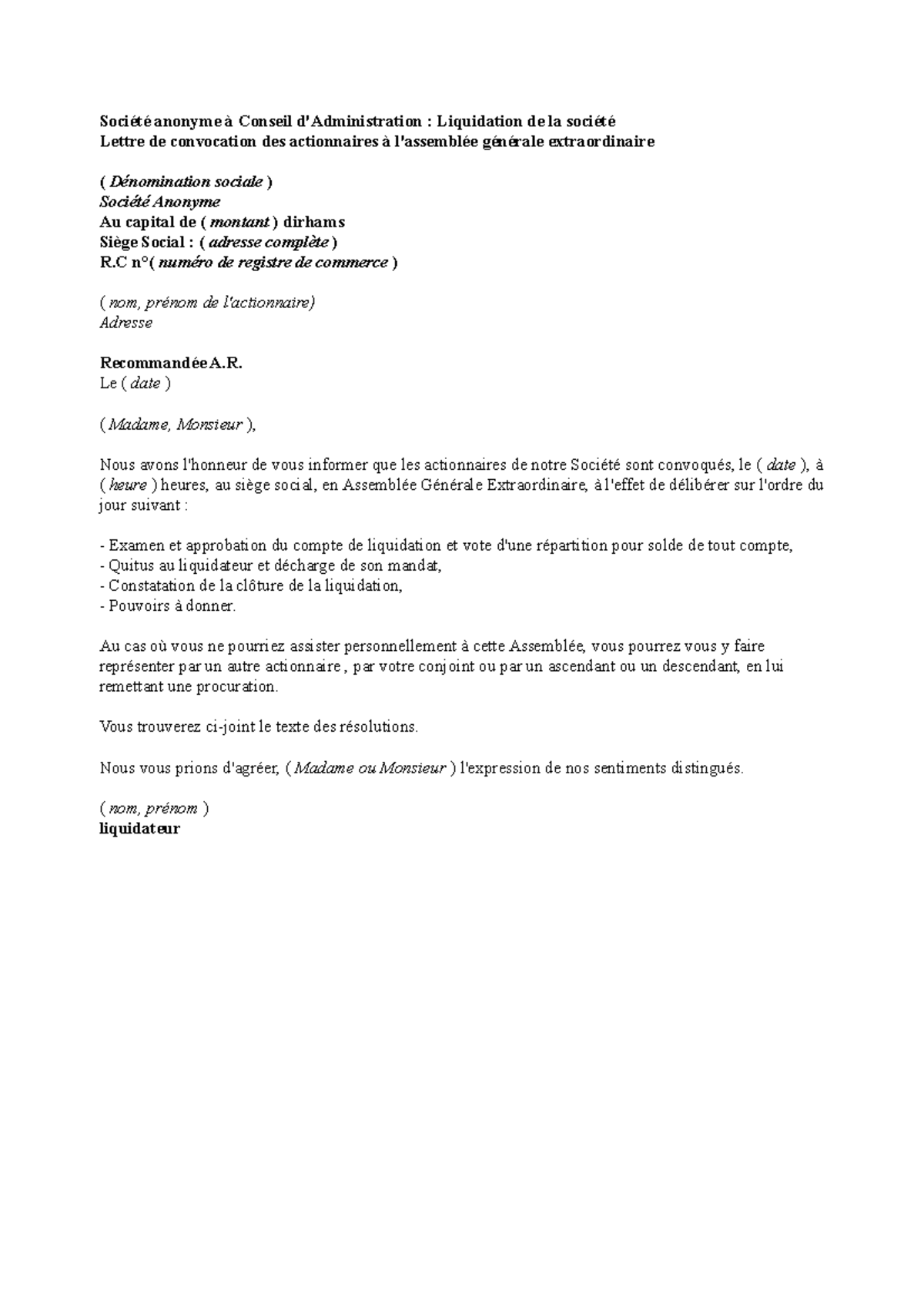 Lettre conoc des actionnaires - Société anonyme à Conseil d ...