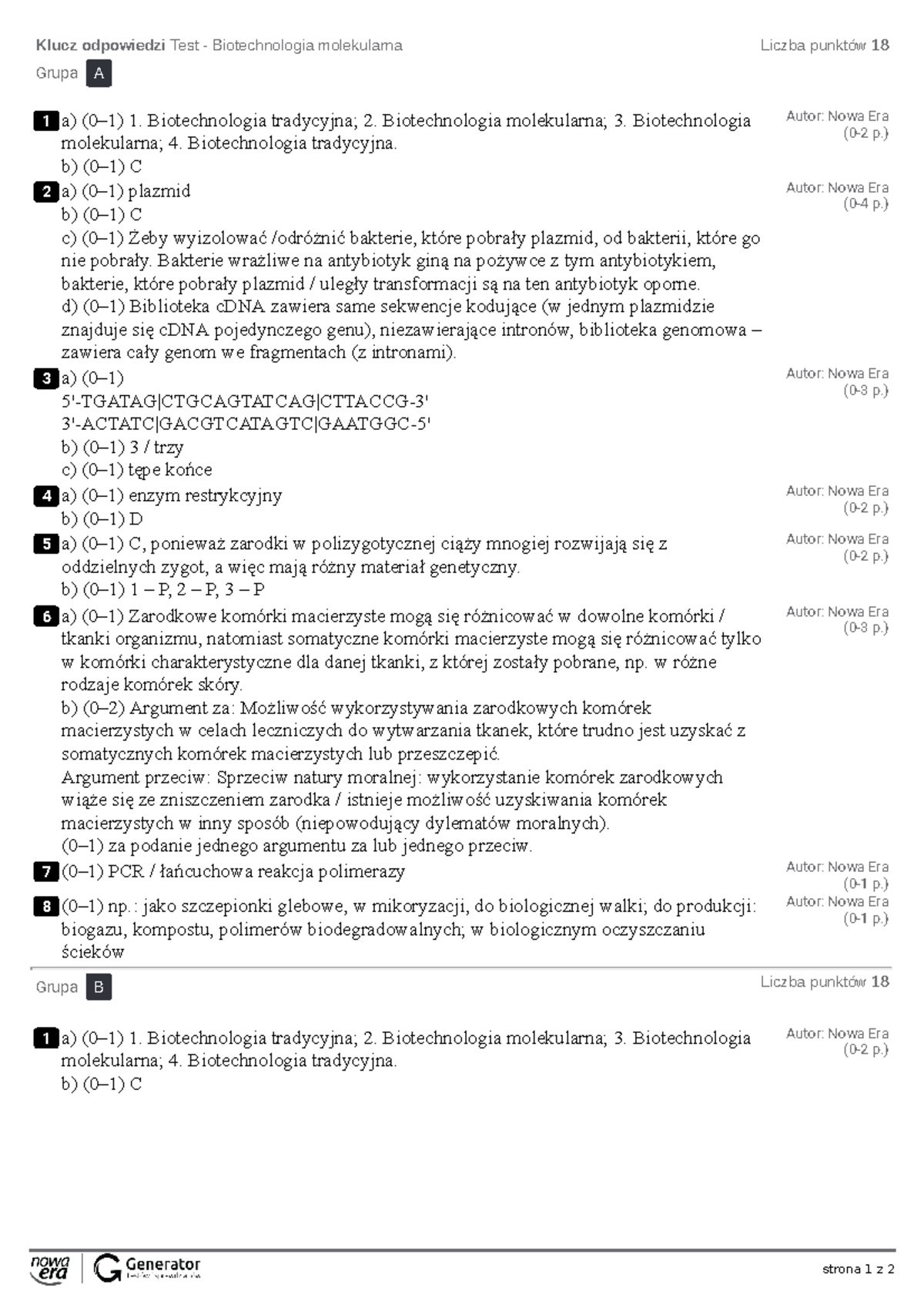 Test - Biotechnologia molekularna Klucz odpowiedzi - strona 1 z 2 Klucz
